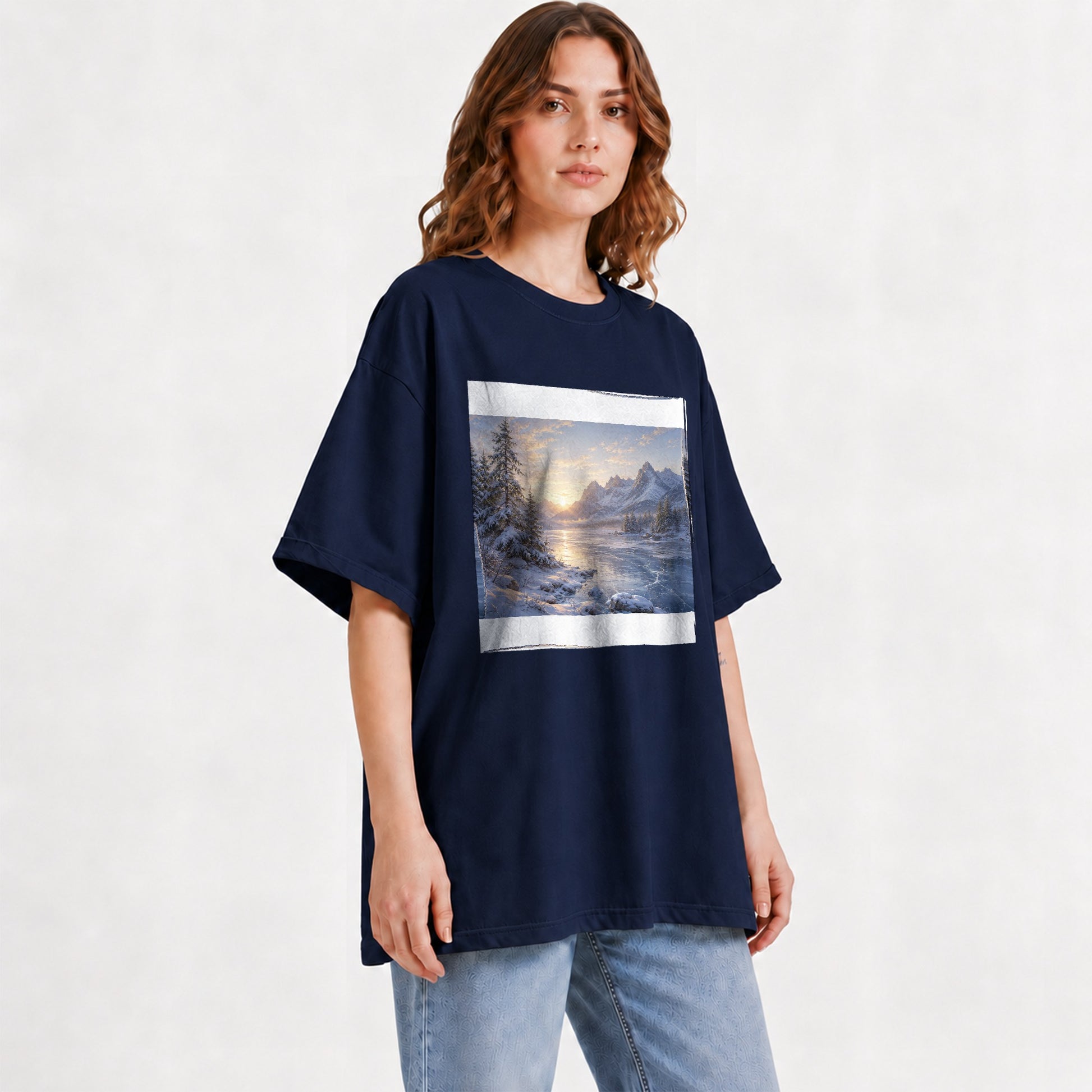 #pl[Navy] Winter Mountain Sunrise Graphic T-Shirt, Alpine Landscape Art