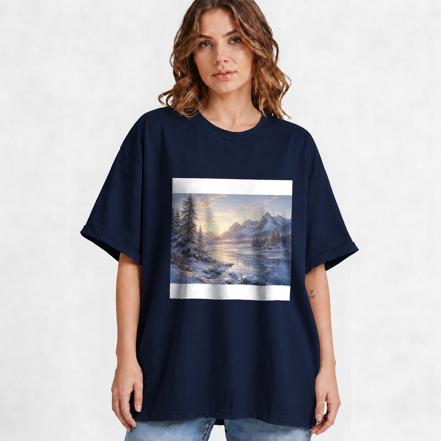 #pl[Navy] Winter Mountain Sunrise Graphic T-Shirt, Alpine Landscape Art