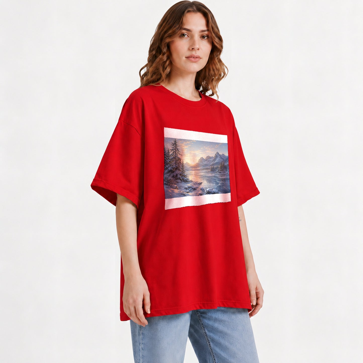 #pl[Red] Winter Mountain Sunrise Graphic T-Shirt, Alpine Landscape Art
