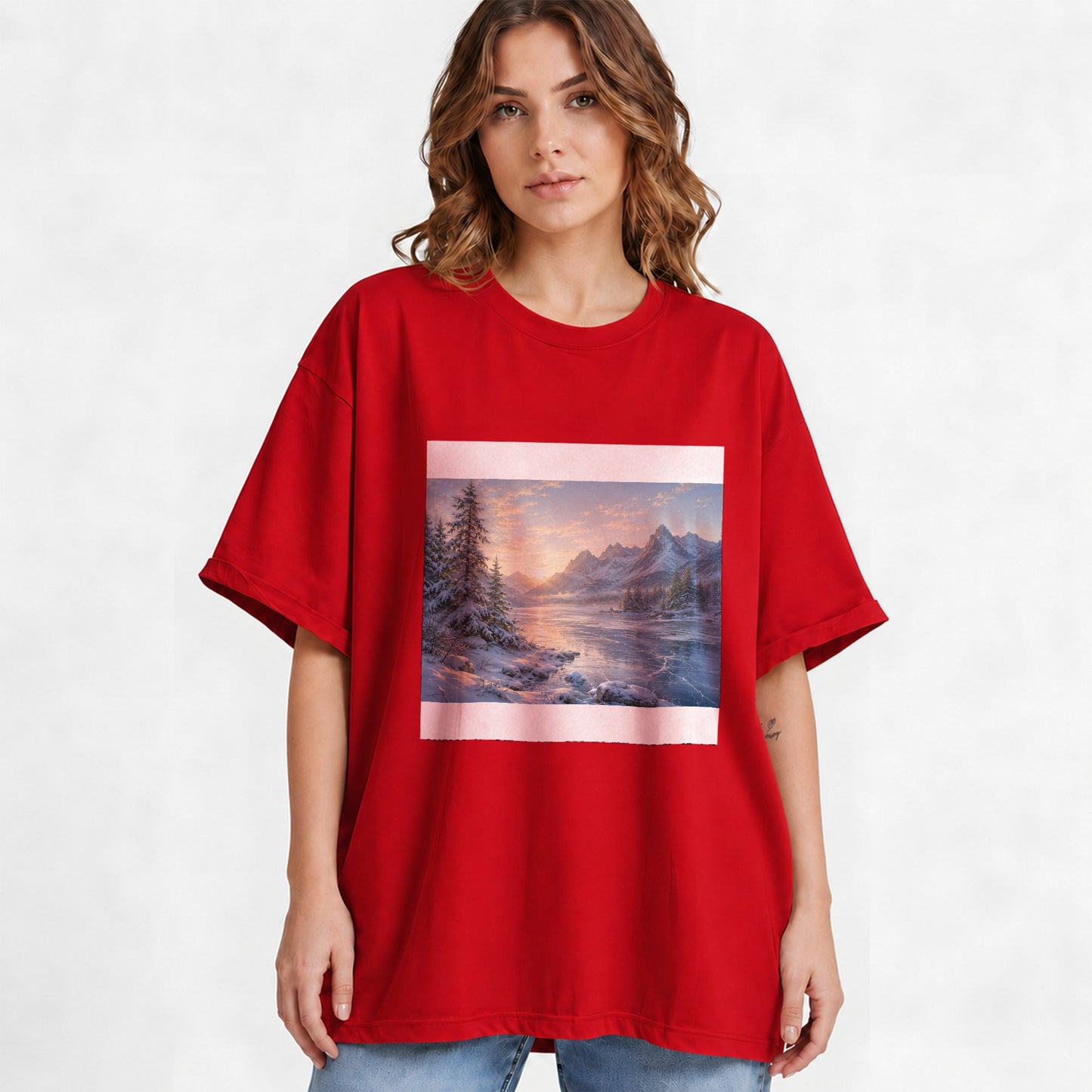 #pl[Red] Winter Mountain Sunrise Graphic T-Shirt, Alpine Landscape Art