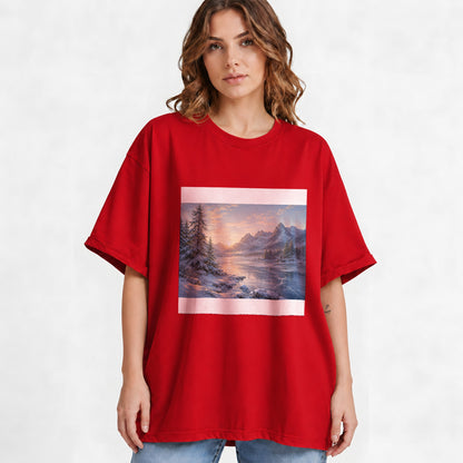 #pl[Red] Winter Mountain Sunrise Graphic T-Shirt, Alpine Landscape Art