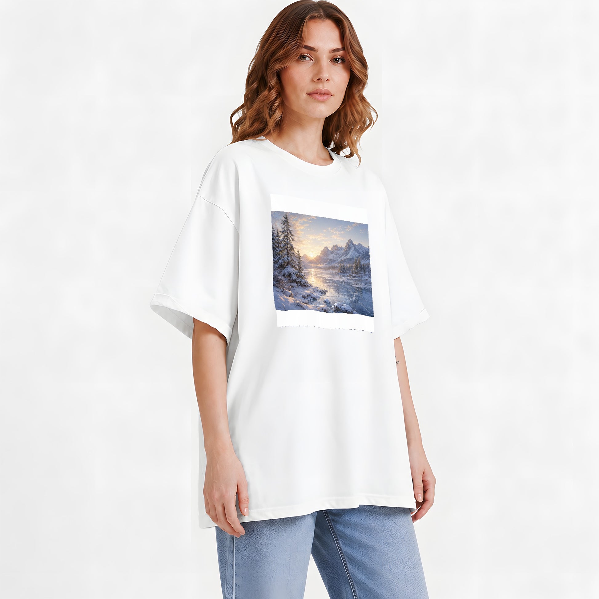 #pl[White] Winter Mountain Sunrise Graphic T-Shirt, Alpine Landscape Art