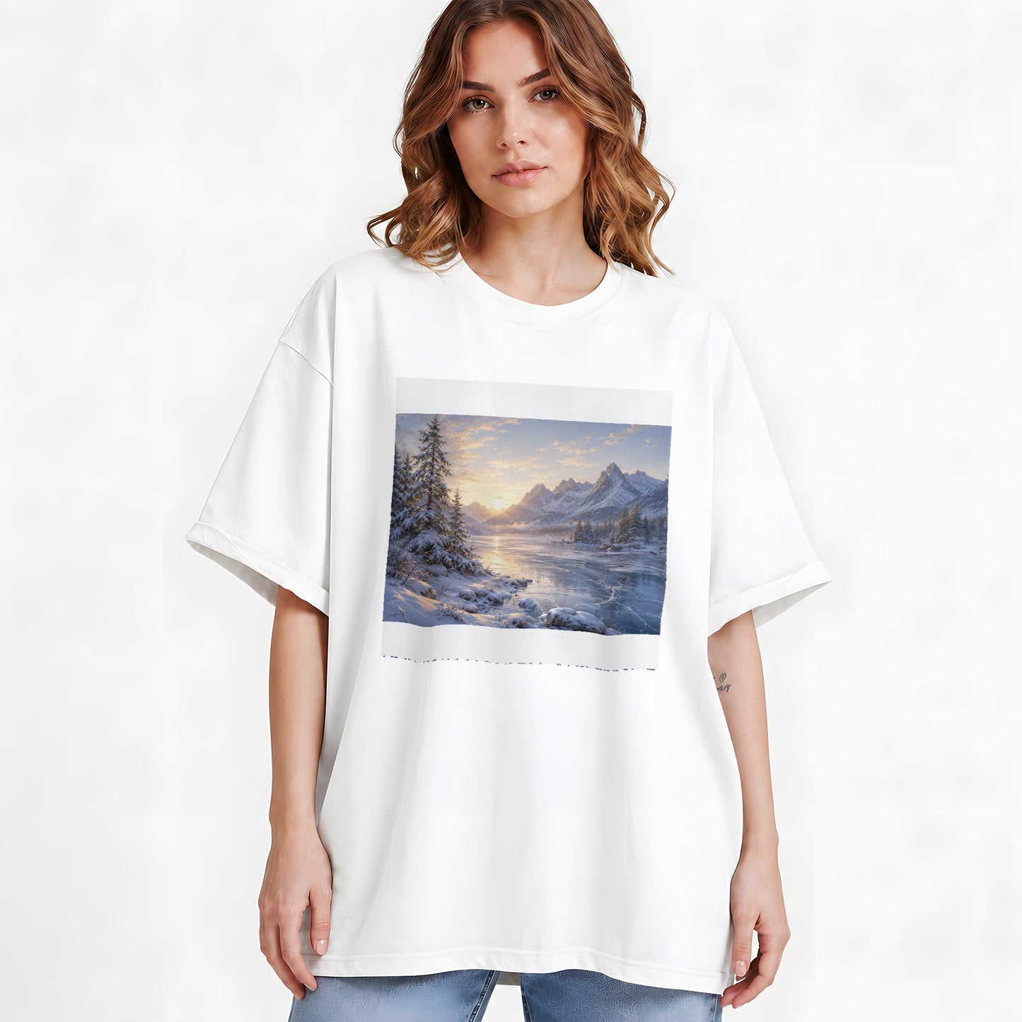 #pl[White] Winter Mountain Sunrise Graphic T-Shirt, Alpine Landscape Art