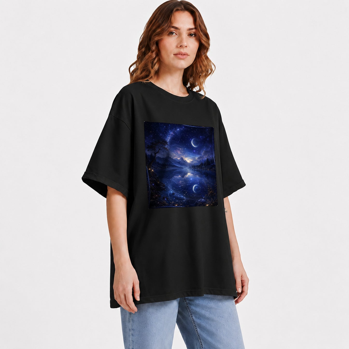 #pl[Black] Cosmic Lake Graphic T-Shirt, Moonlit Celestial Landscape Design
