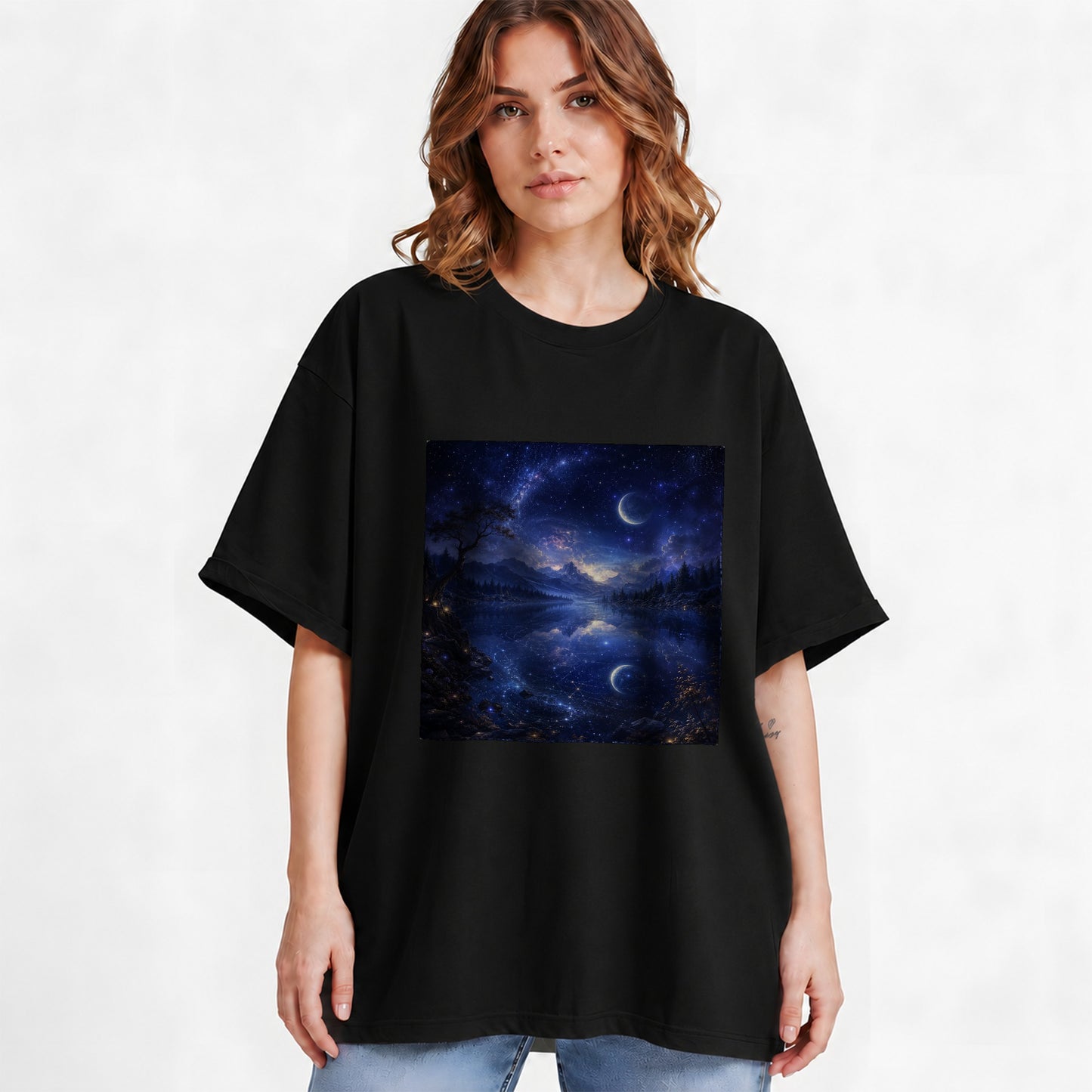 #pl[Black] Cosmic Lake Graphic T-Shirt, Moonlit Celestial Landscape Design