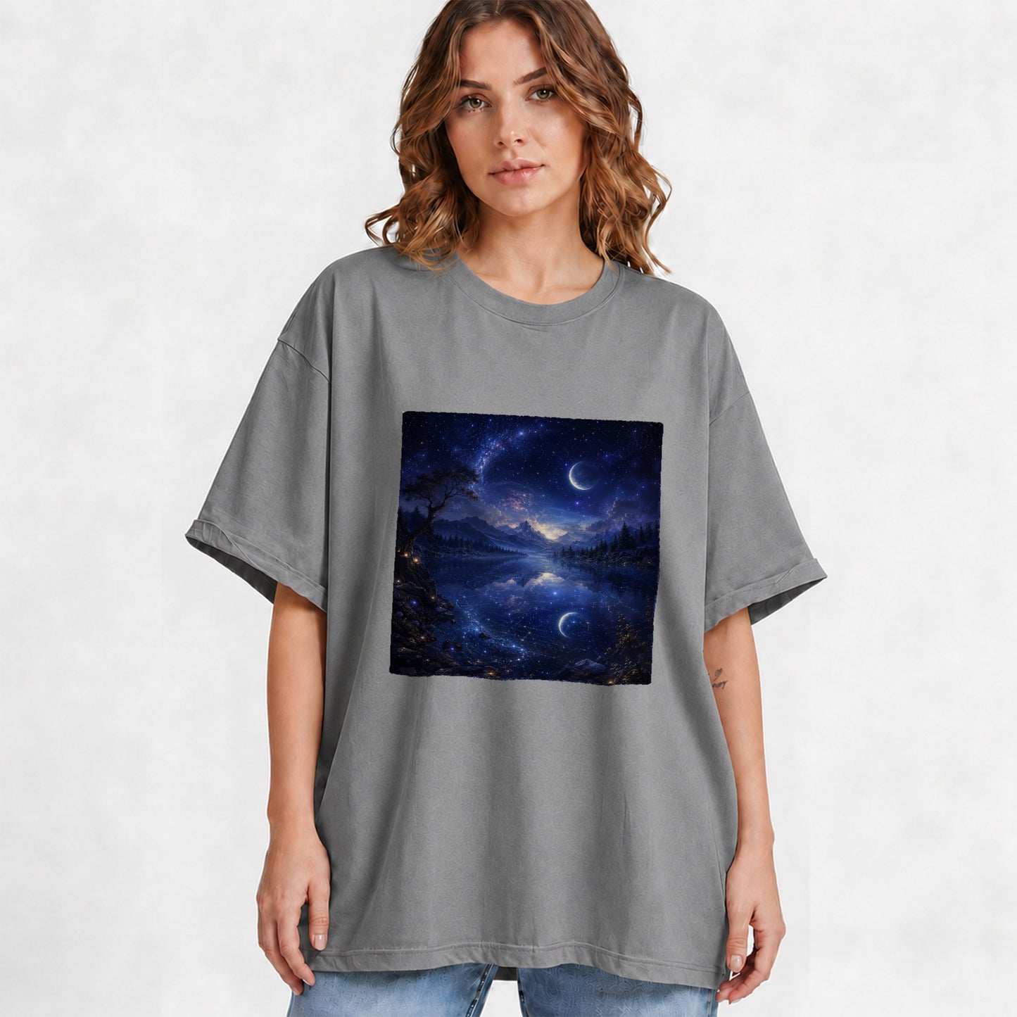#pl[Gray] Cosmic Lake Graphic T-Shirt, Moonlit Celestial Landscape Design