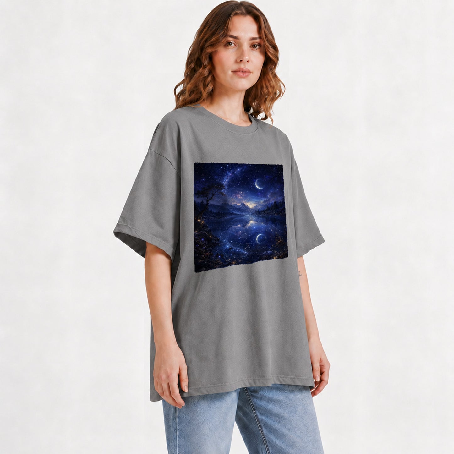 #pl[Gray] Cosmic Lake Graphic T-Shirt, Moonlit Celestial Landscape Design