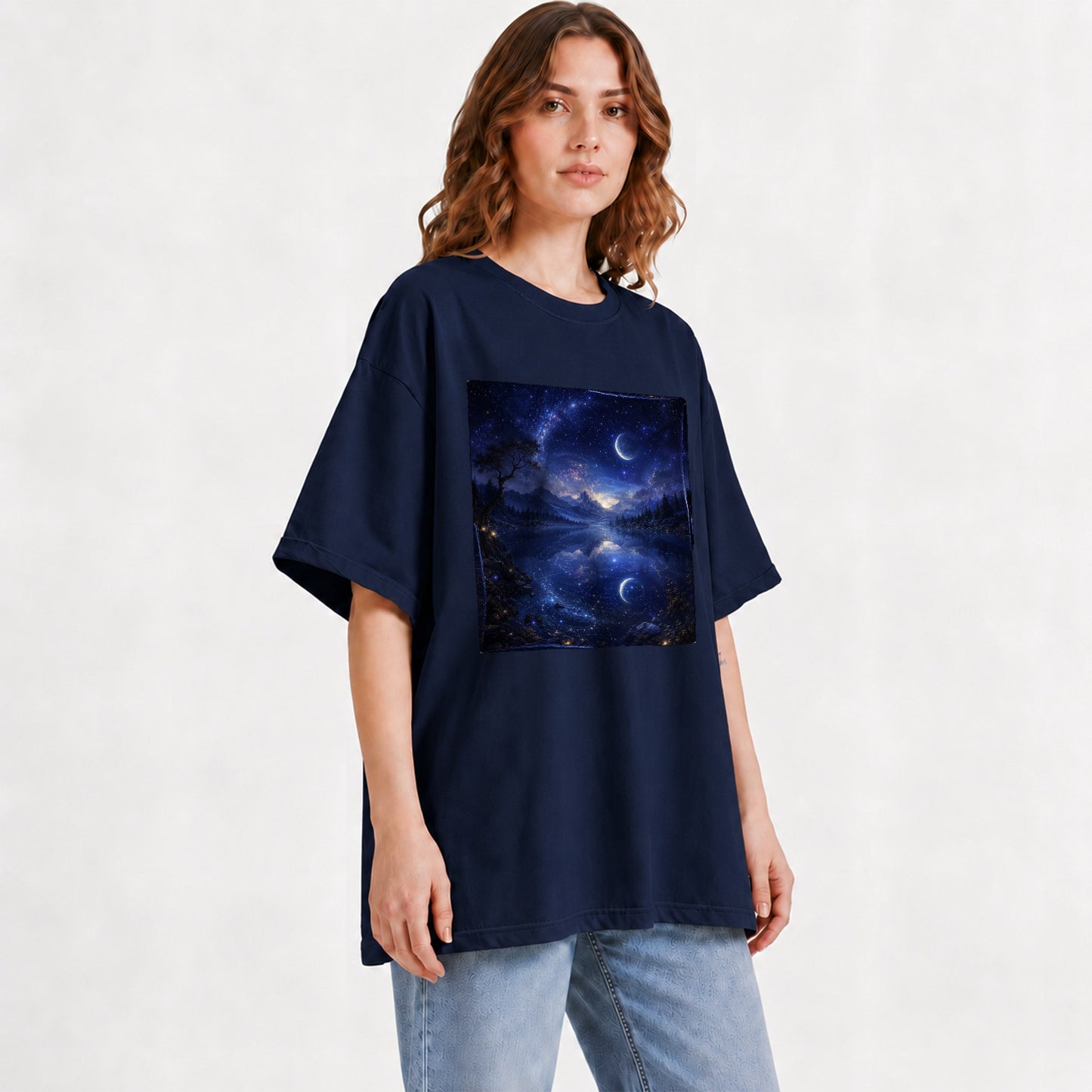 #pl[Navy] Cosmic Lake Graphic T-Shirt, Moonlit Celestial Landscape Design