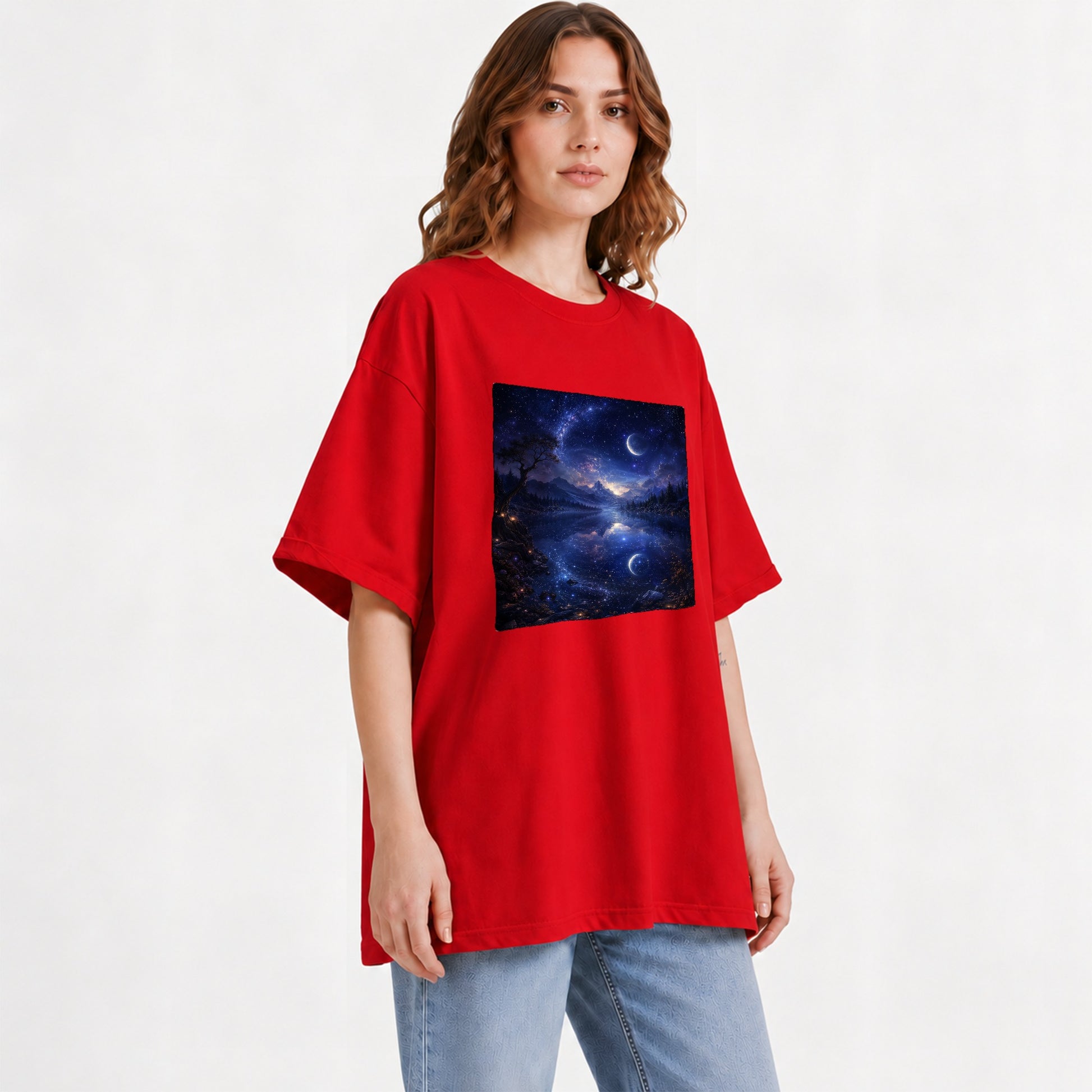 #pl[Red] Cosmic Lake Graphic T-Shirt, Moonlit Celestial Landscape Design