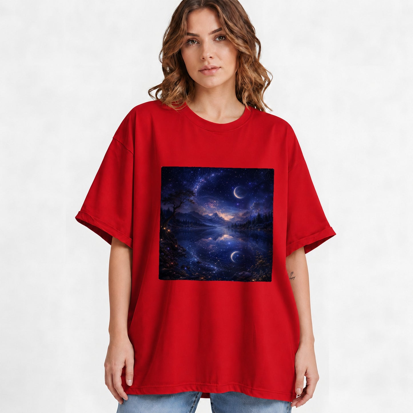 #pl[Red] Cosmic Lake Graphic T-Shirt, Moonlit Celestial Landscape Design