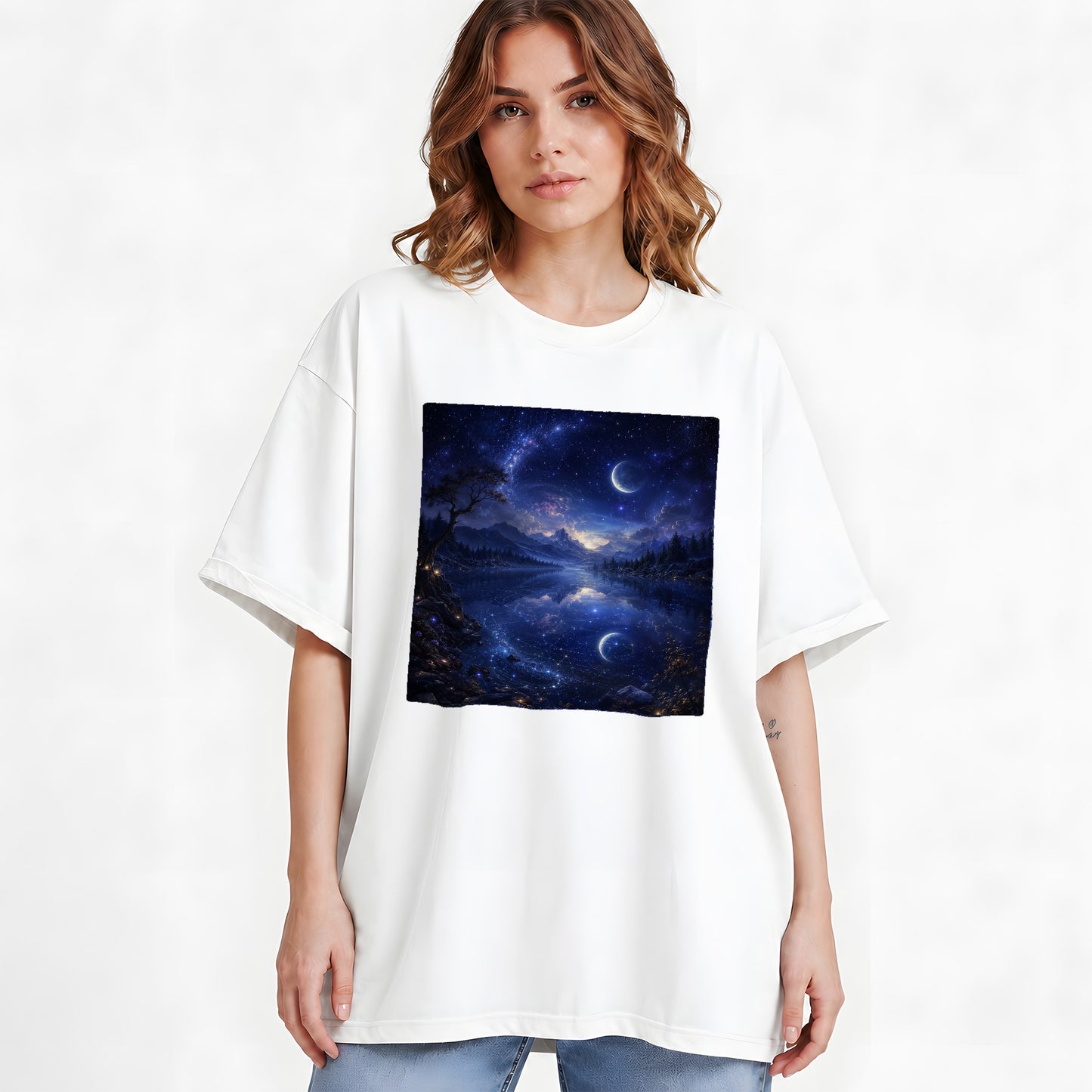 #pl[White] Cosmic Lake Graphic T-Shirt, Moonlit Celestial Landscape Design