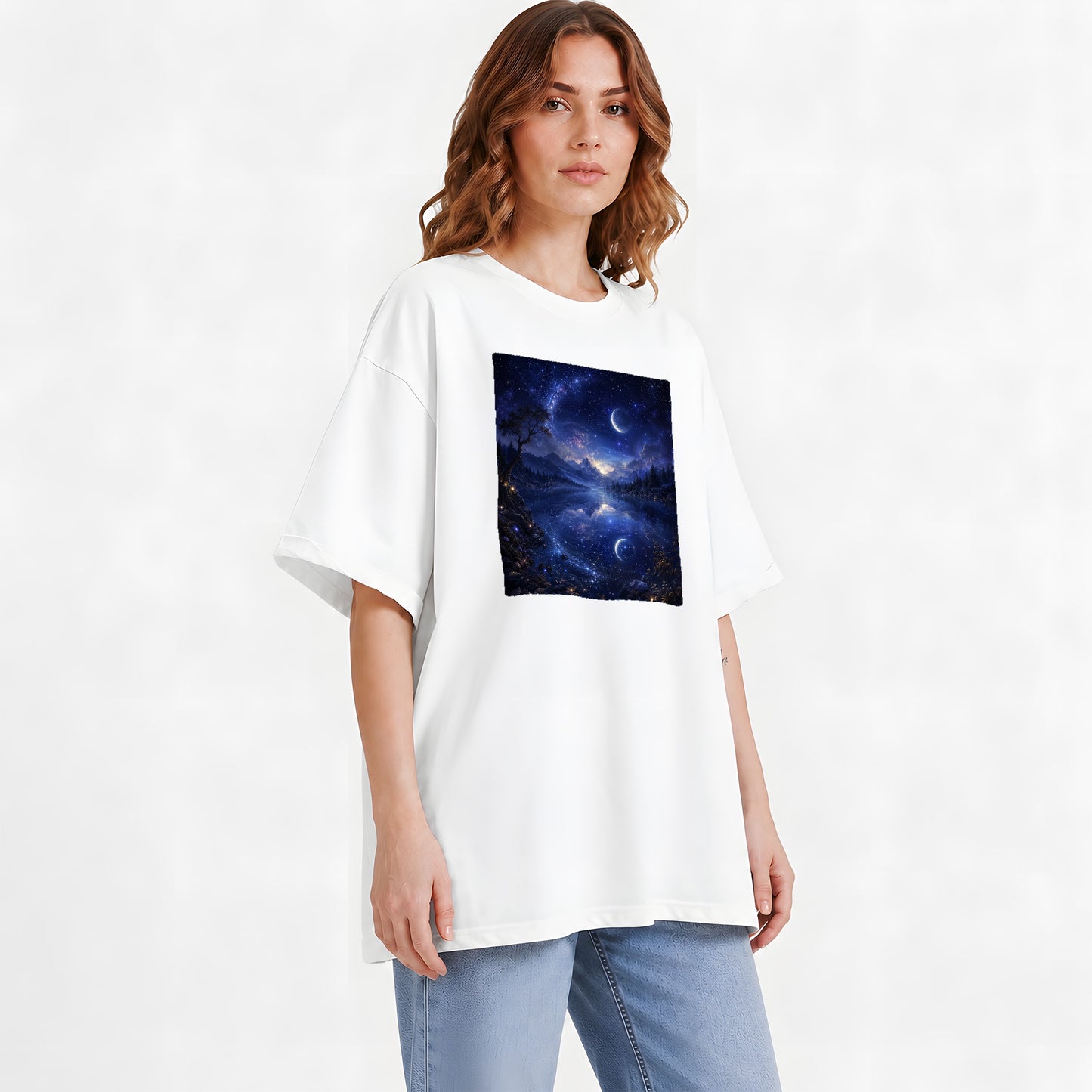 #pl[White] Cosmic Lake Graphic T-Shirt, Moonlit Celestial Landscape Design
