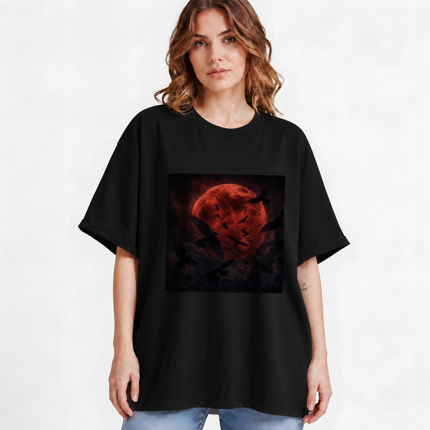 #pl[Black] Red Moon Ravens Graphic T-Shirt, Dark Gothic Celestial Design
