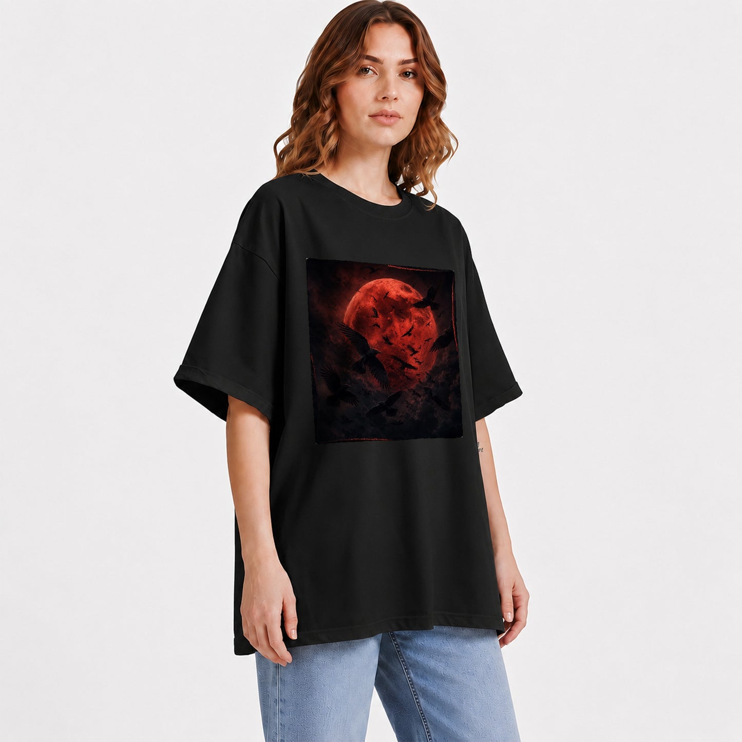 #pl[Black] Red Moon Ravens Graphic T-Shirt, Dark Gothic Celestial Design
