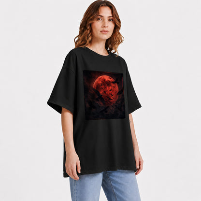 #pl[Black] Red Moon Ravens Graphic T-Shirt, Dark Gothic Celestial Design