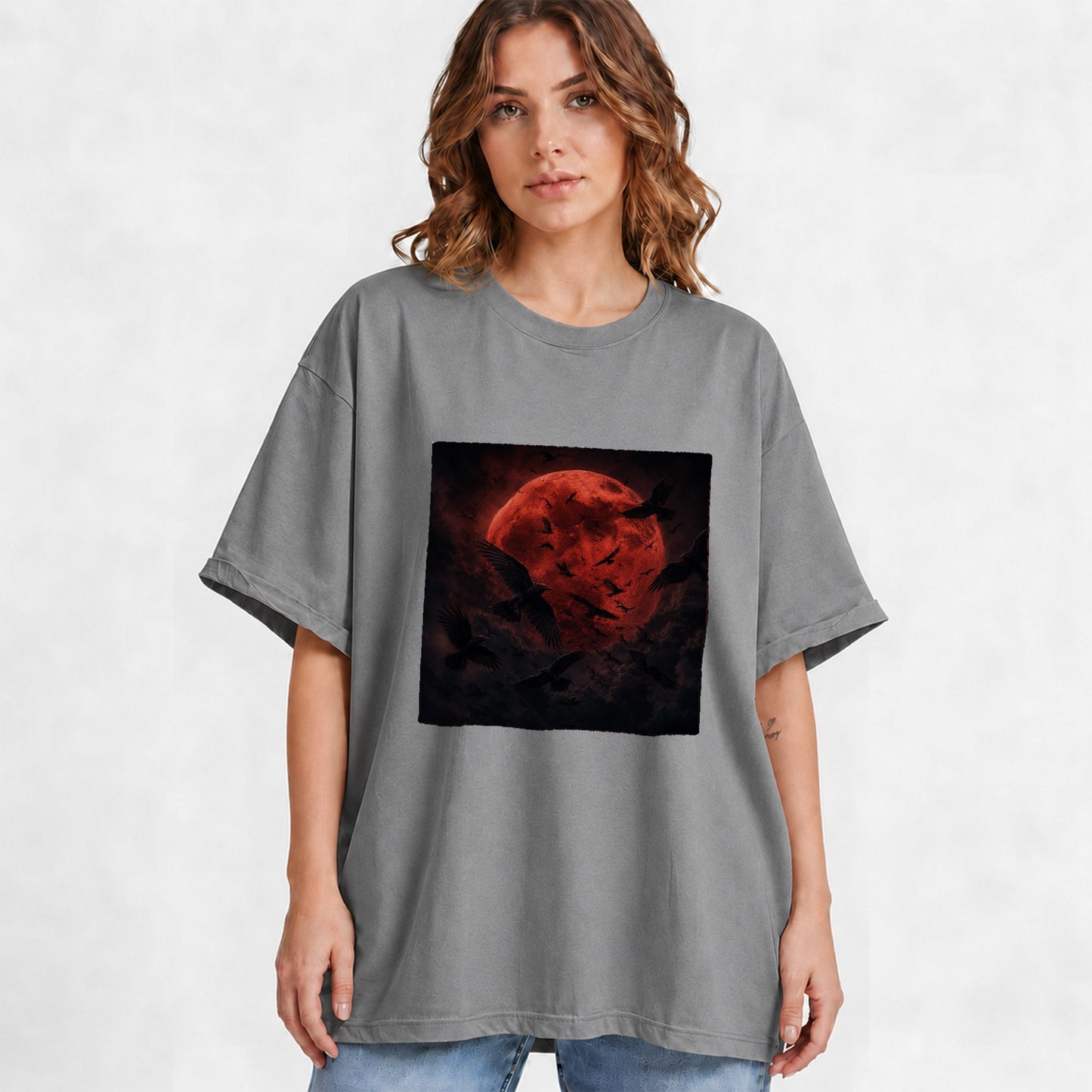 #pl[Gray] Red Moon Ravens Graphic T-Shirt, Dark Gothic Celestial Design