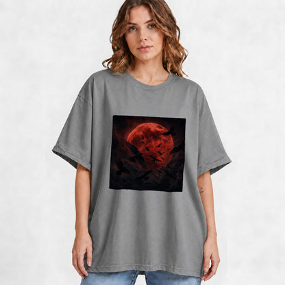 #pl[Gray] Red Moon Ravens Graphic T-Shirt, Dark Gothic Celestial Design