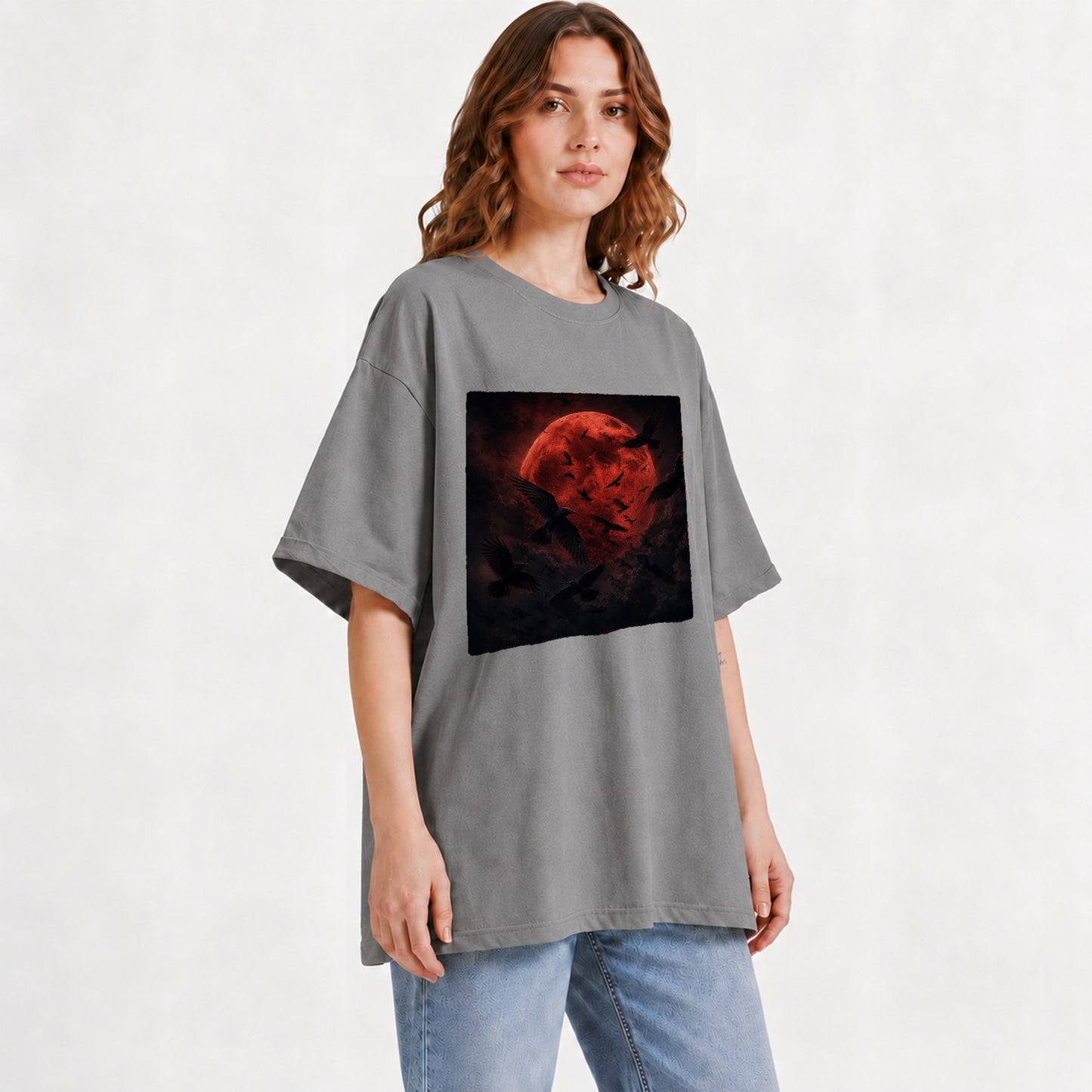 #pl[Gray] Red Moon Ravens Graphic T-Shirt, Dark Gothic Celestial Design