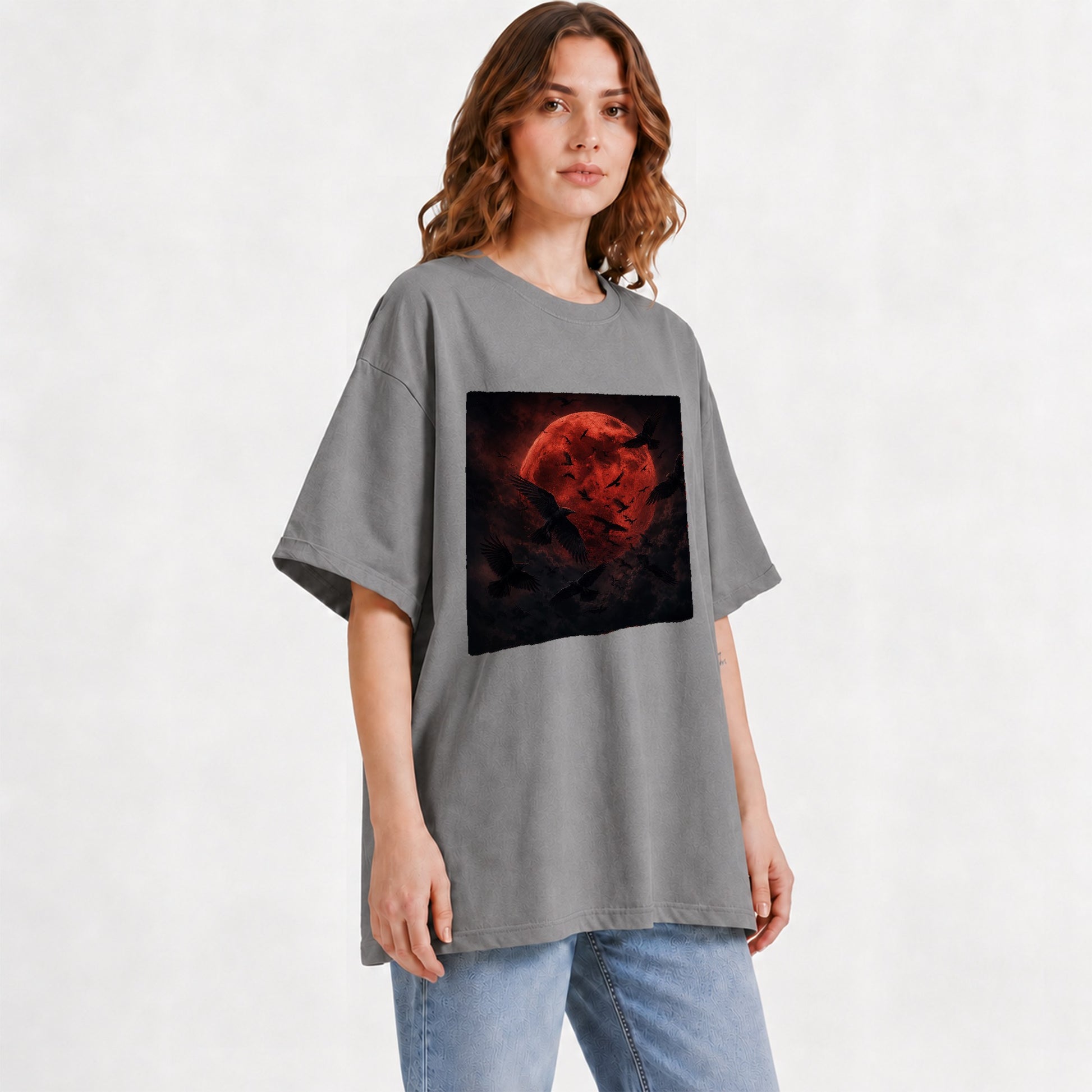 #pl[Gray] Red Moon Ravens Graphic T-Shirt, Dark Gothic Celestial Design