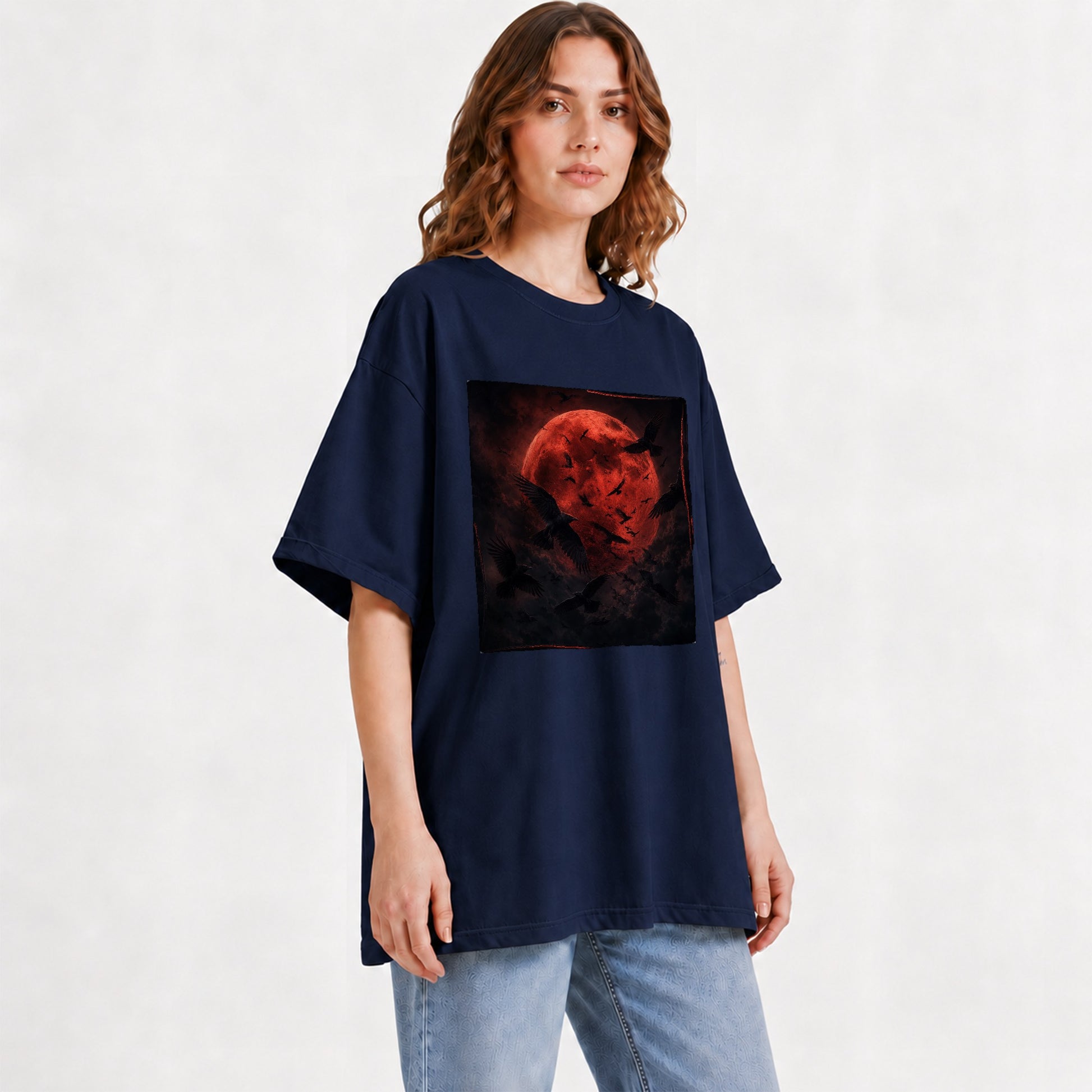 #pl[Navy] Red Moon Ravens Graphic T-Shirt, Dark Gothic Celestial Design