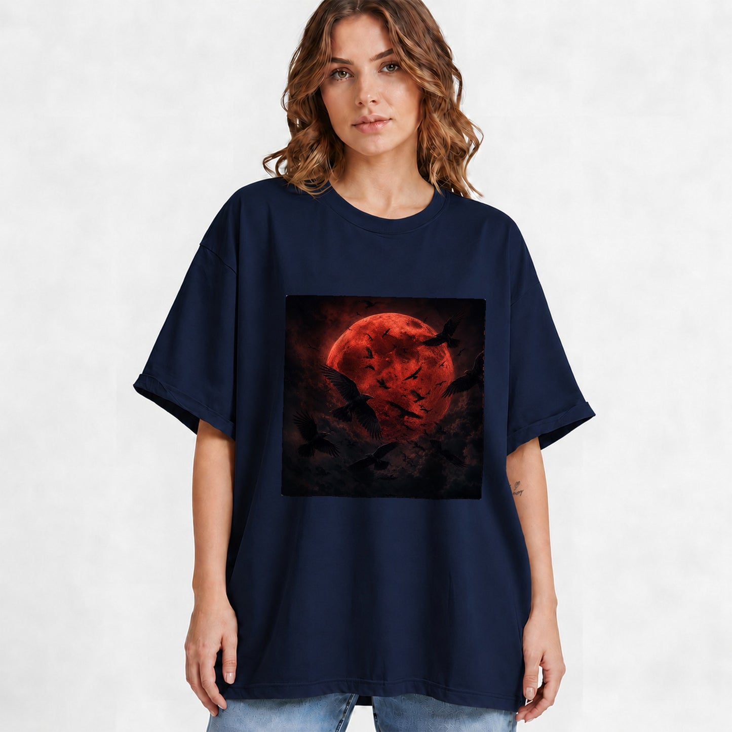 #pl[Navy] Red Moon Ravens Graphic T-Shirt, Dark Gothic Celestial Design