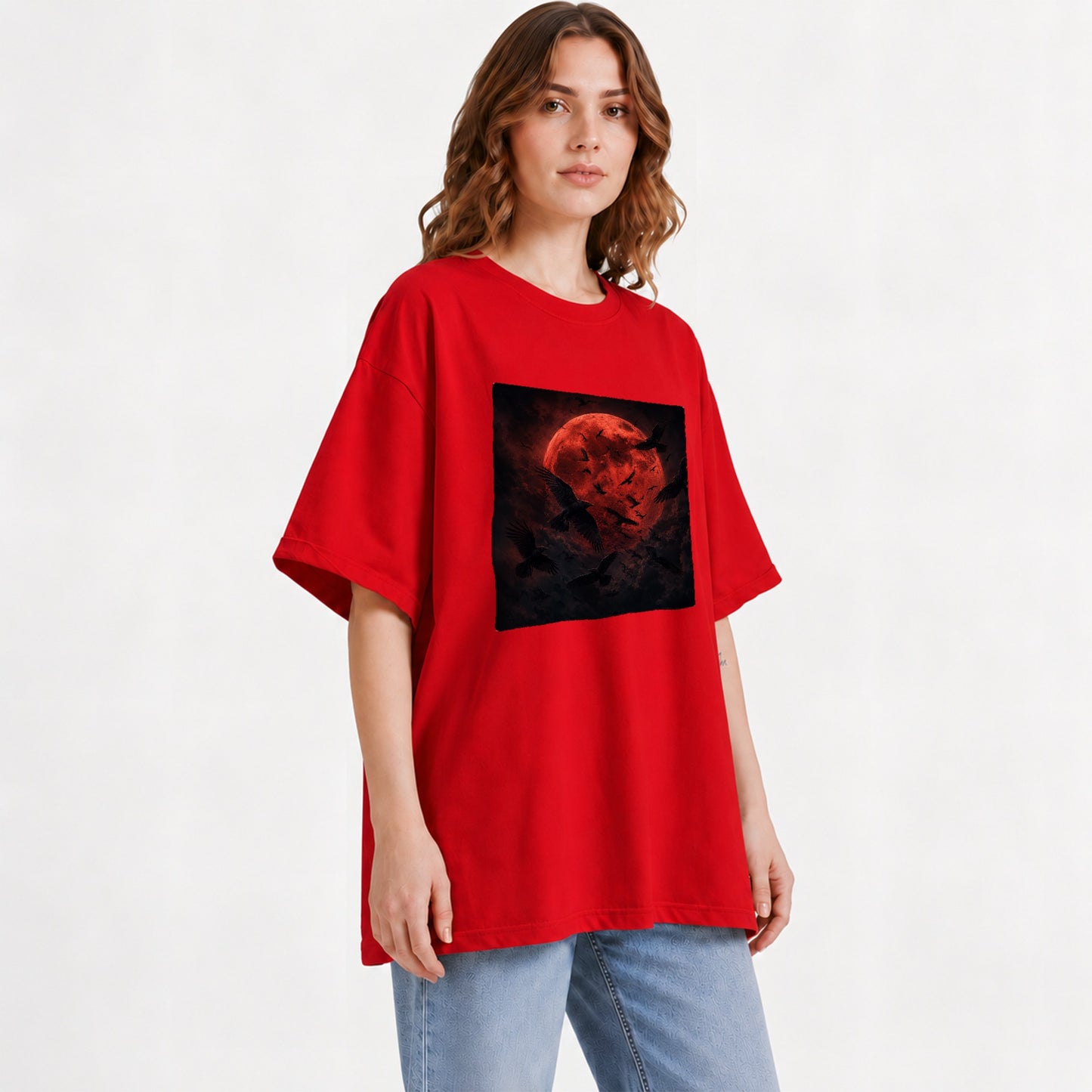 #pl[Red] Red Moon Ravens Graphic T-Shirt, Dark Gothic Celestial Design