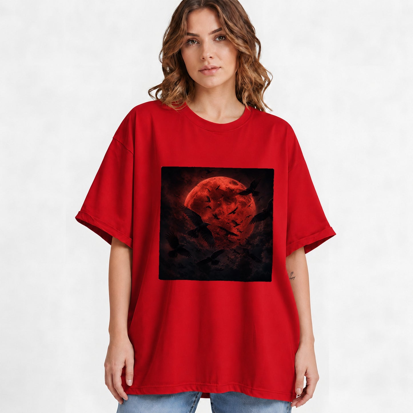 #pl[Red] Red Moon Ravens Graphic T-Shirt, Dark Gothic Celestial Design