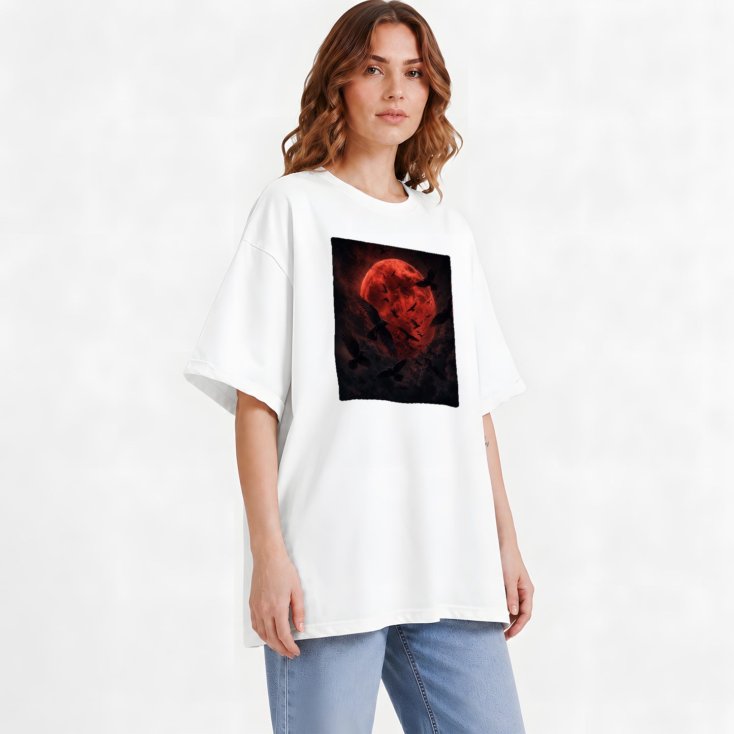 #pl[White] Red Moon Ravens Graphic T-Shirt, Dark Gothic Celestial Design