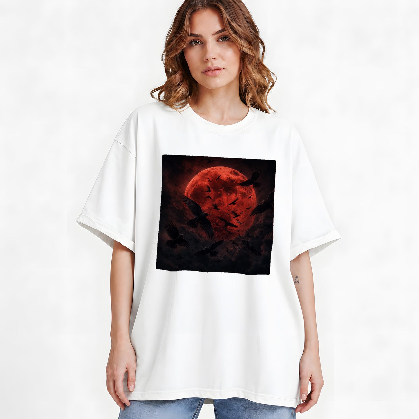 #pl[White] Red Moon Ravens Graphic T-Shirt, Dark Gothic Celestial Design