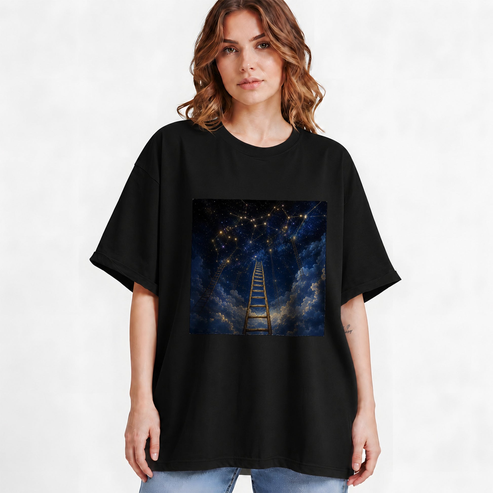 #pl[Black] Ladder to the Stars Graphic T-Shirt, Celestial Dream Design