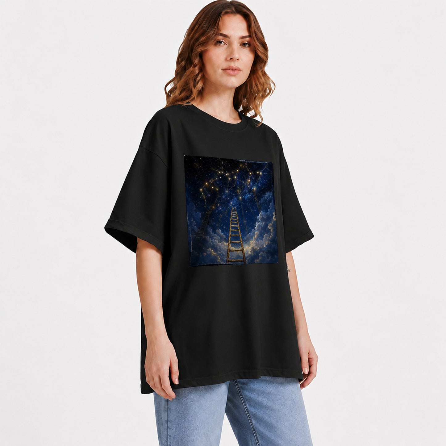 #pl[Black] Ladder to the Stars Graphic T-Shirt, Celestial Dream Design
