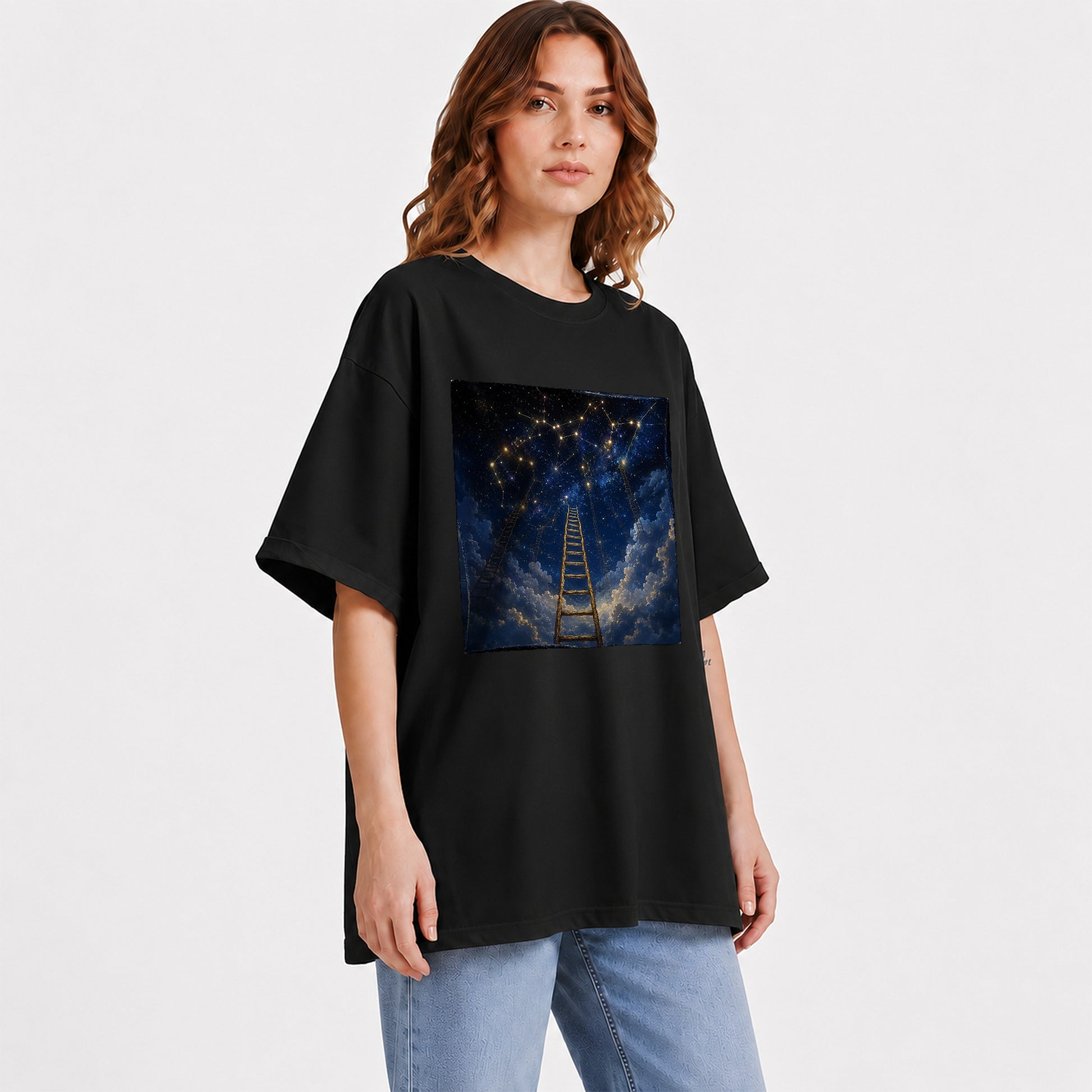 #pl[Black] Ladder to the Stars Graphic T-Shirt, Celestial Dream Design