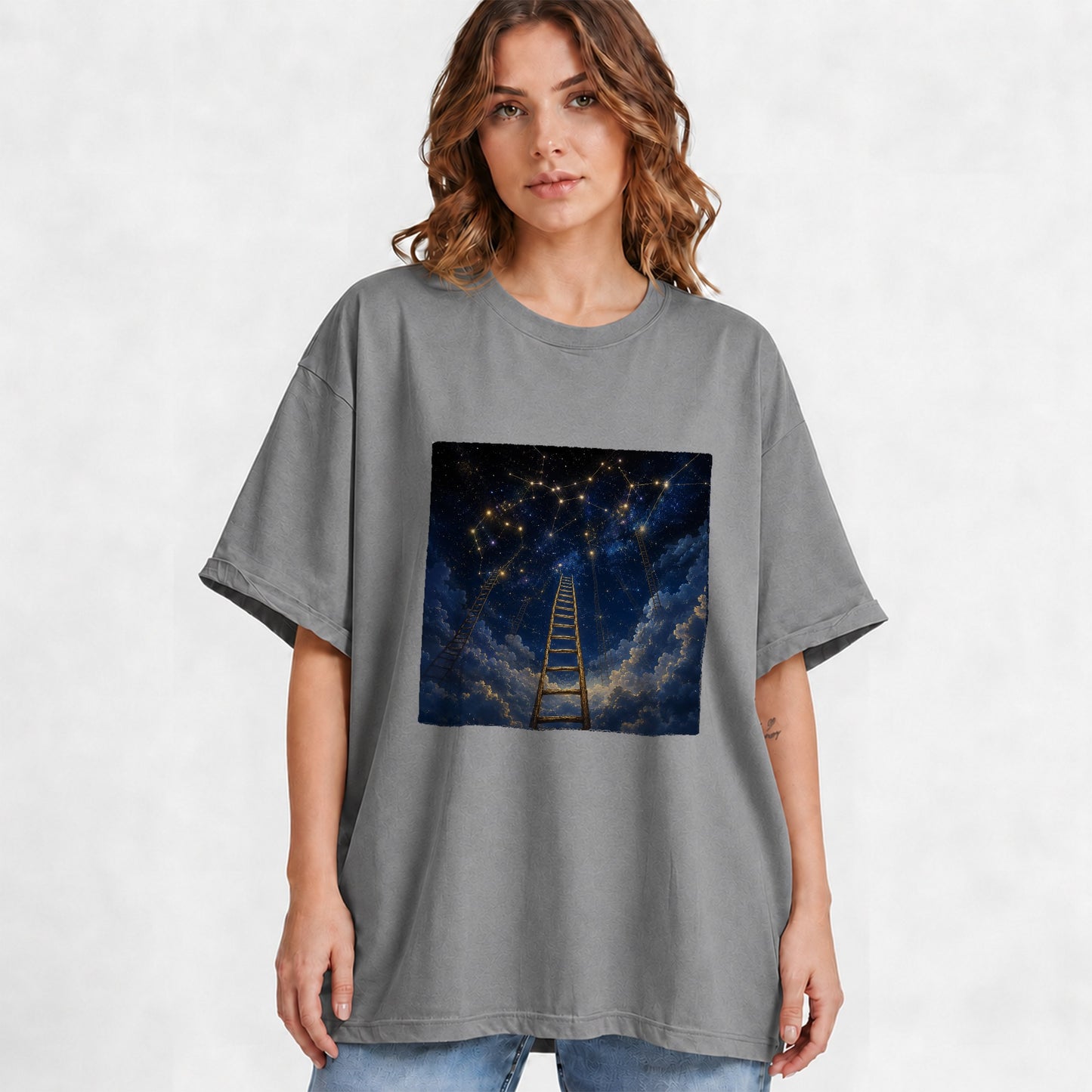 #pl[Gray] Ladder to the Stars Graphic T-Shirt, Celestial Dream Design