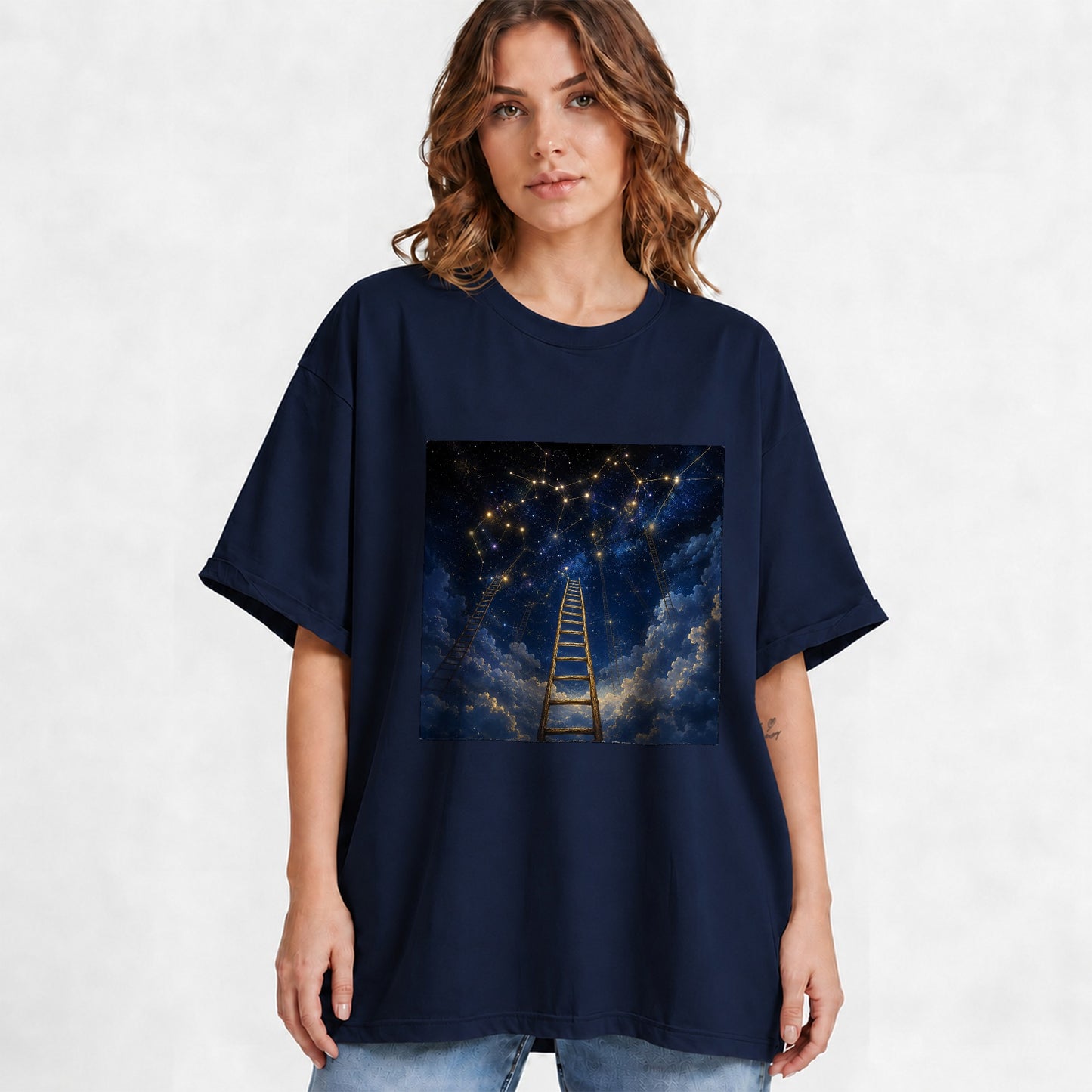 #pl[Navy] Ladder to the Stars Graphic T-Shirt, Celestial Dream Design