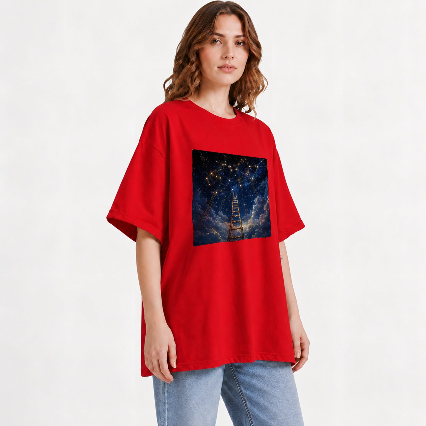 #pl[Red] Ladder to the Stars Graphic T-Shirt, Celestial Dream Design