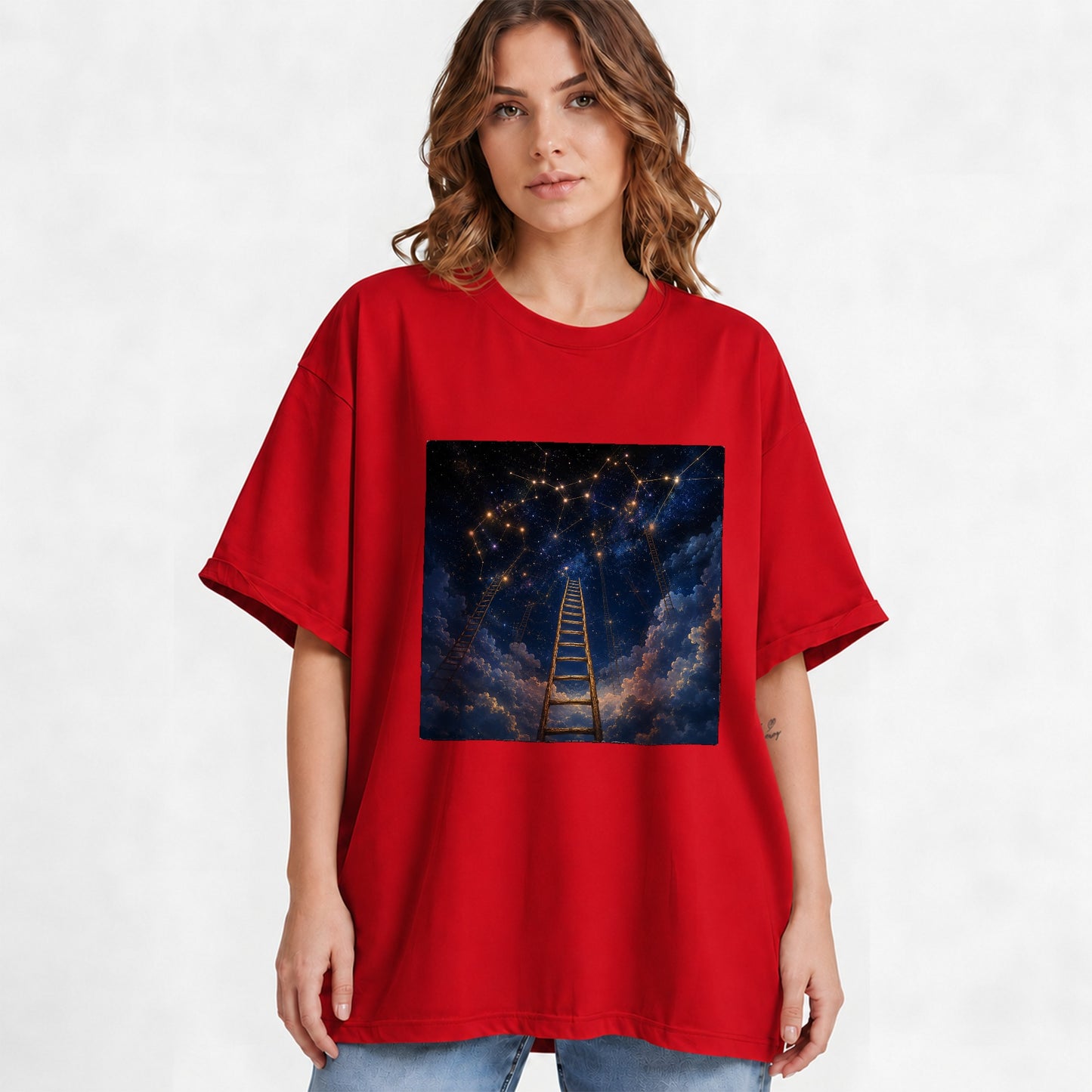 #pl[Red] Ladder to the Stars Graphic T-Shirt, Celestial Dream Design