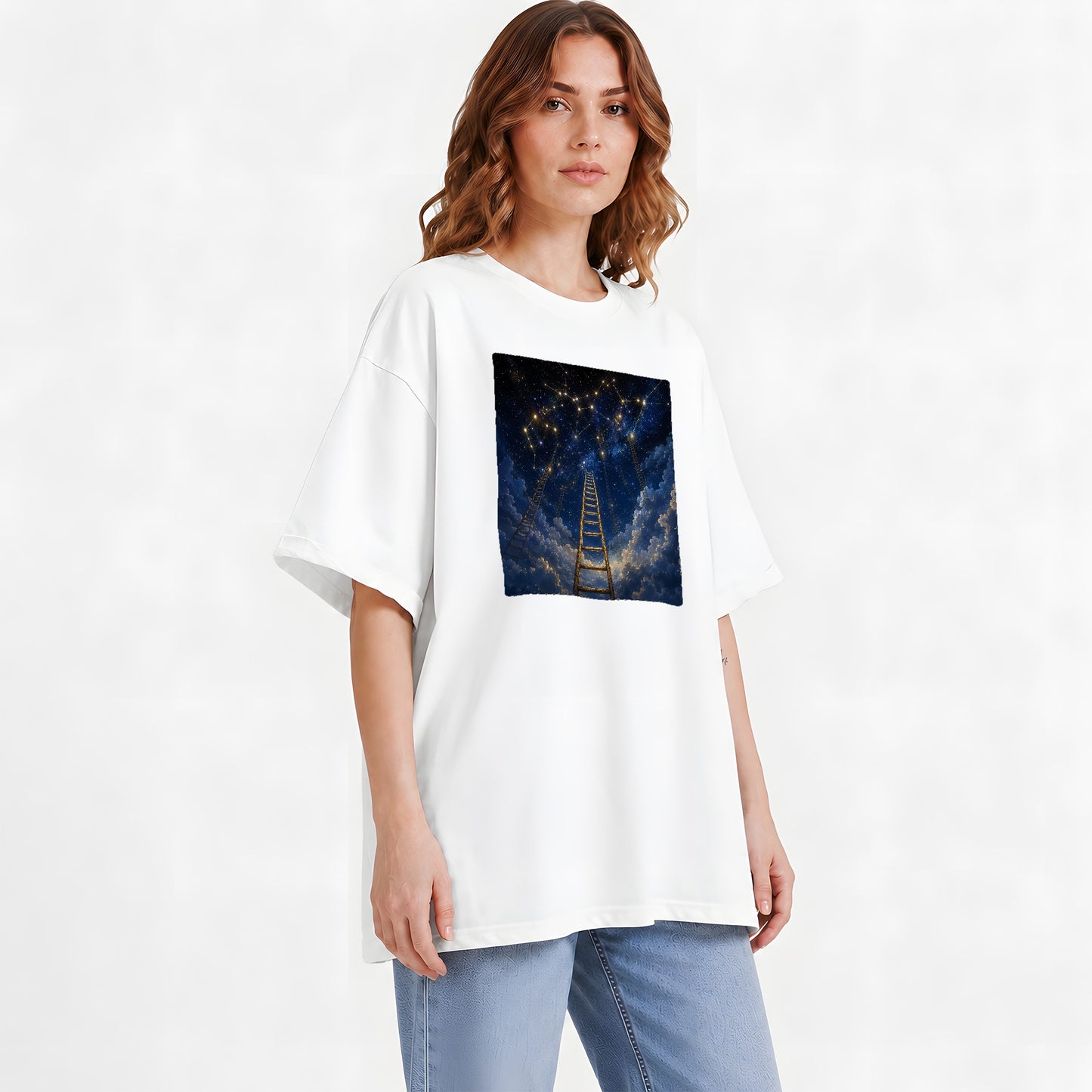 #pl[White] Ladder to the Stars Graphic T-Shirt, Celestial Dream Design