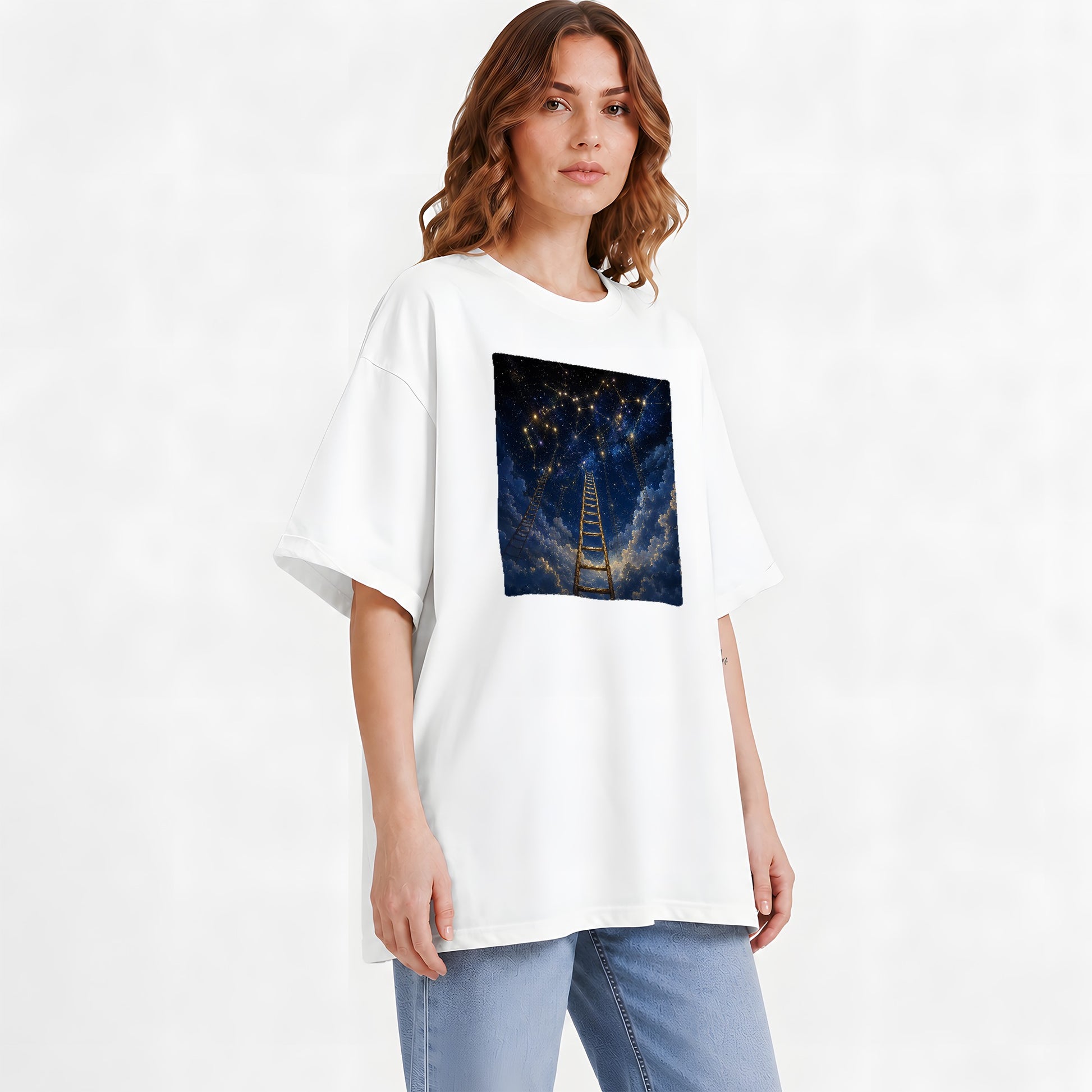 #pl[White] Ladder to the Stars Graphic T-Shirt, Celestial Dream Design