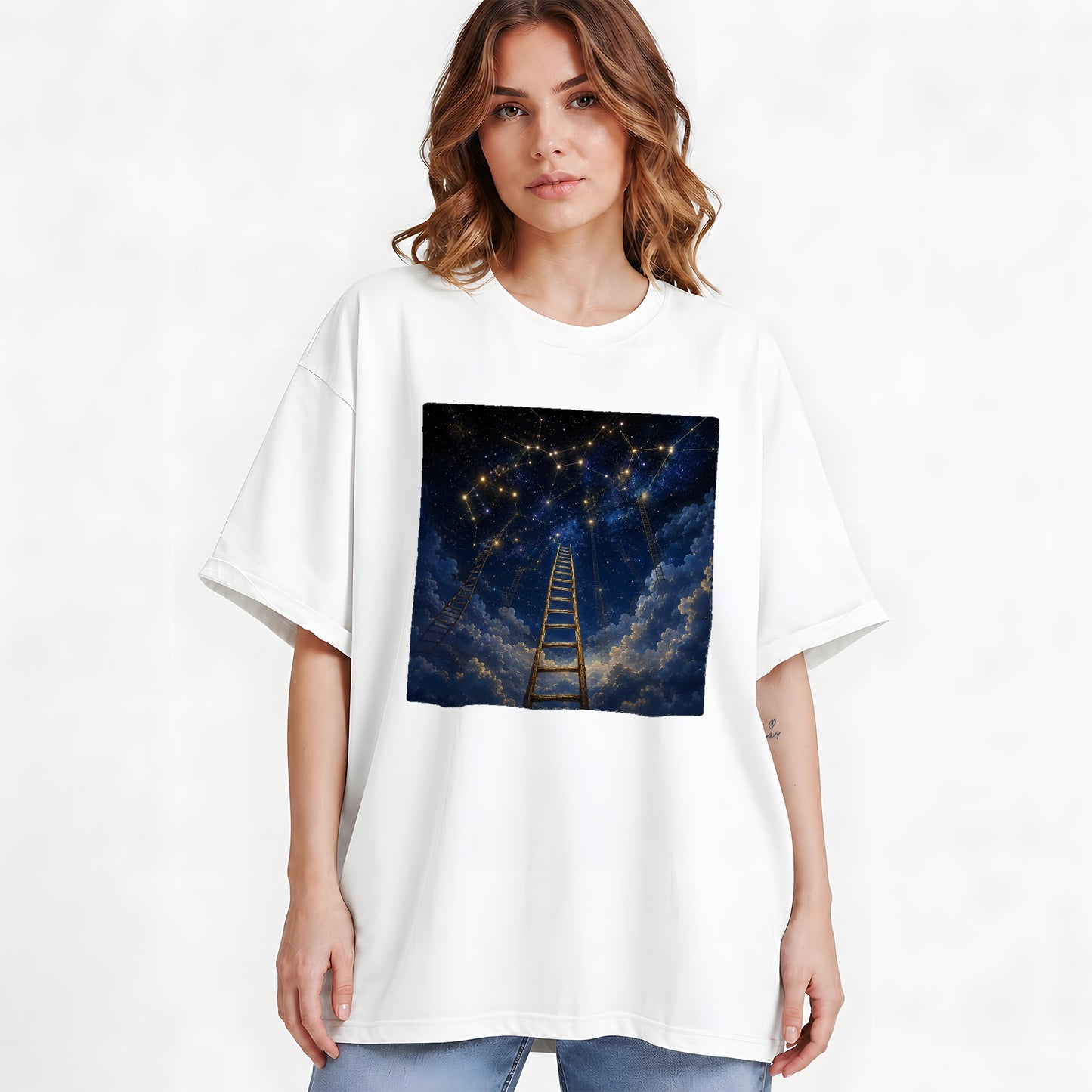 #pl[White] Ladder to the Stars Graphic T-Shirt, Celestial Dream Design