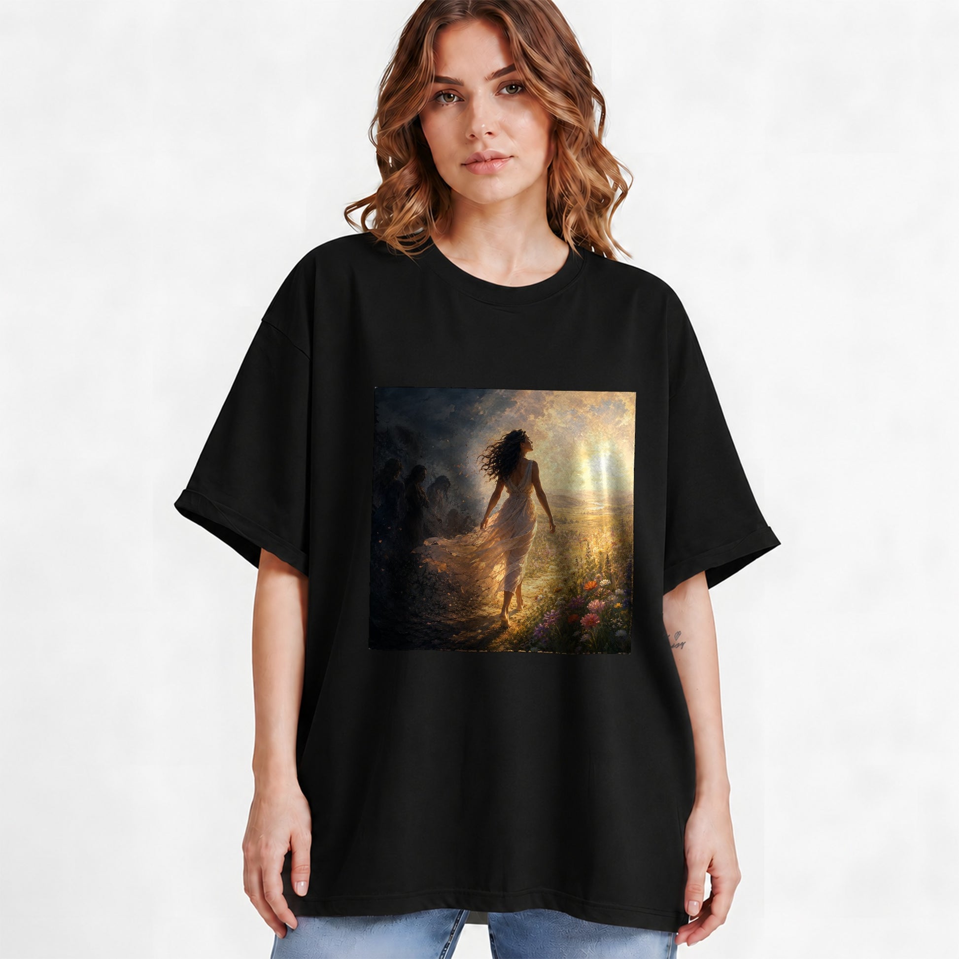 #pl[Black] Into the Light Graphic T-Shirt, Hopeful Sunrise Journey Design