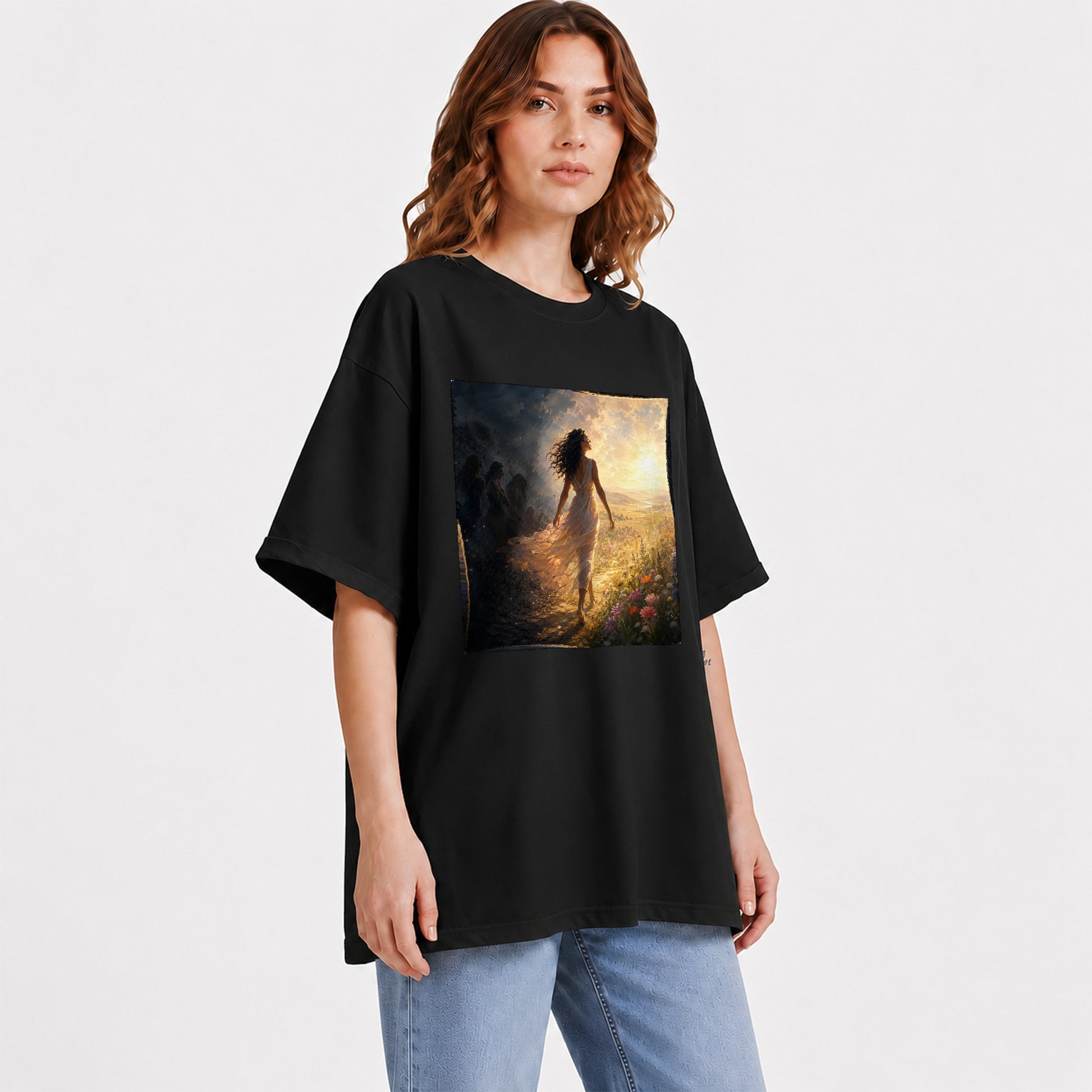 #pl[Black] Into the Light Graphic T-Shirt, Hopeful Sunrise Journey Design