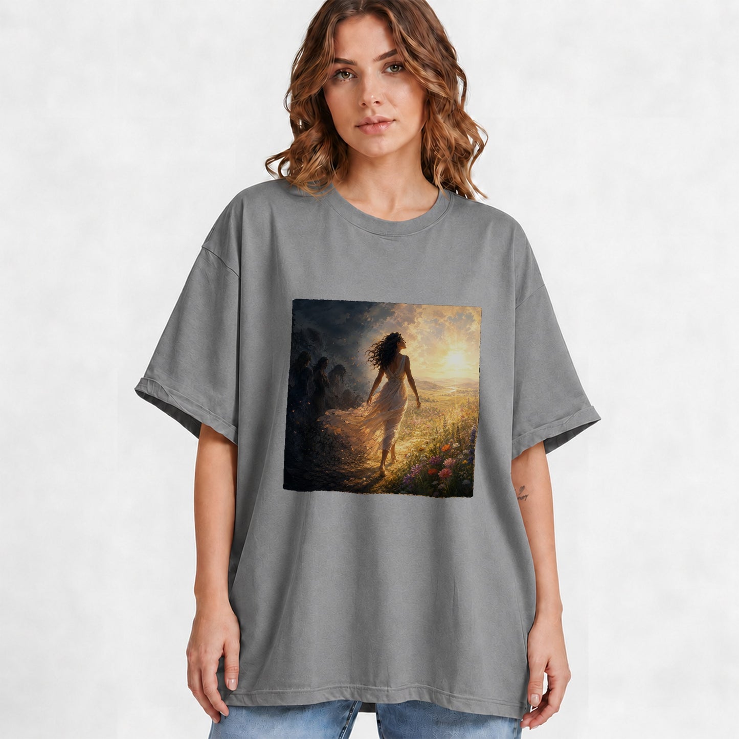 #pl[Gray] Into the Light Graphic T-Shirt, Hopeful Sunrise Journey Design