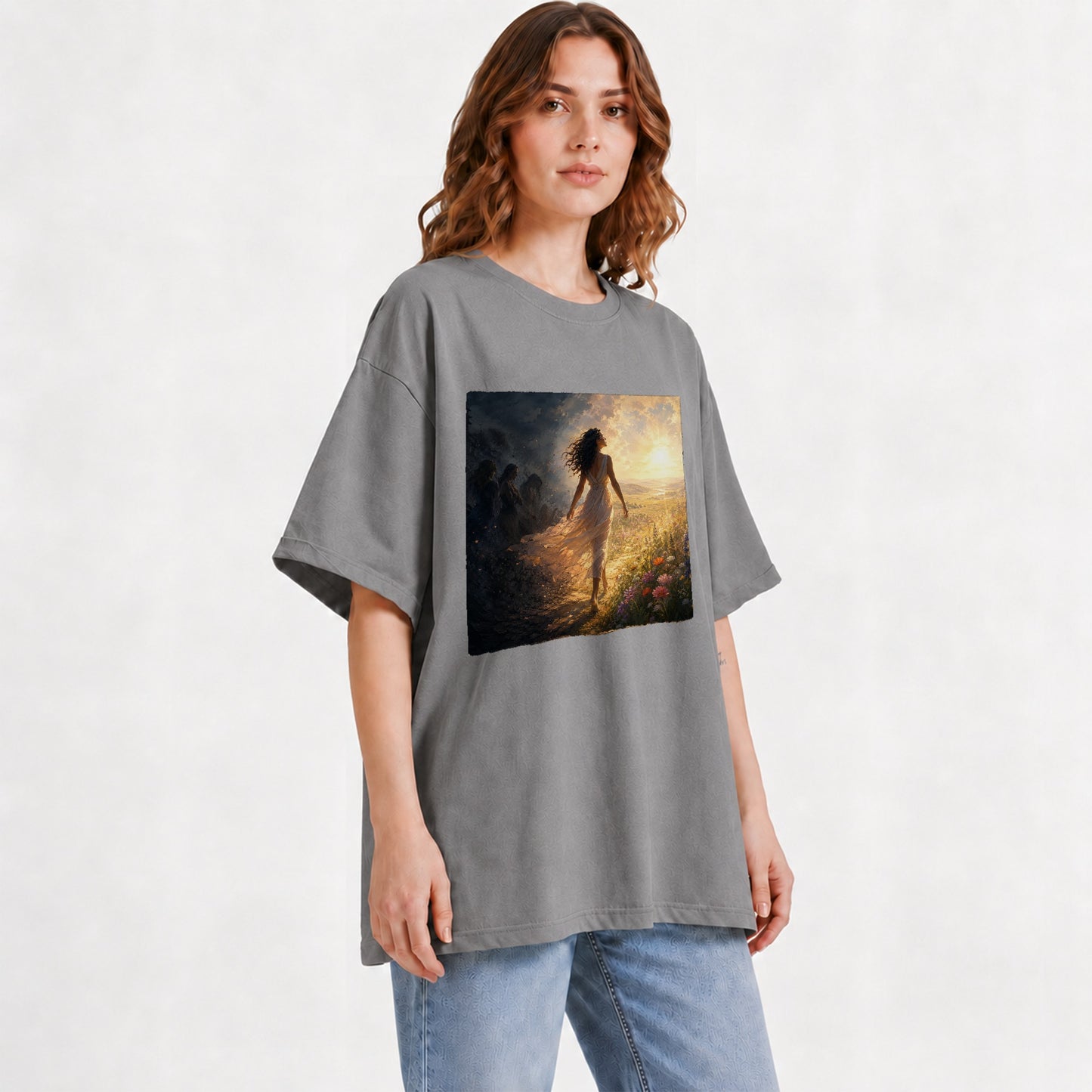 #pl[Gray] Into the Light Graphic T-Shirt, Hopeful Sunrise Journey Design