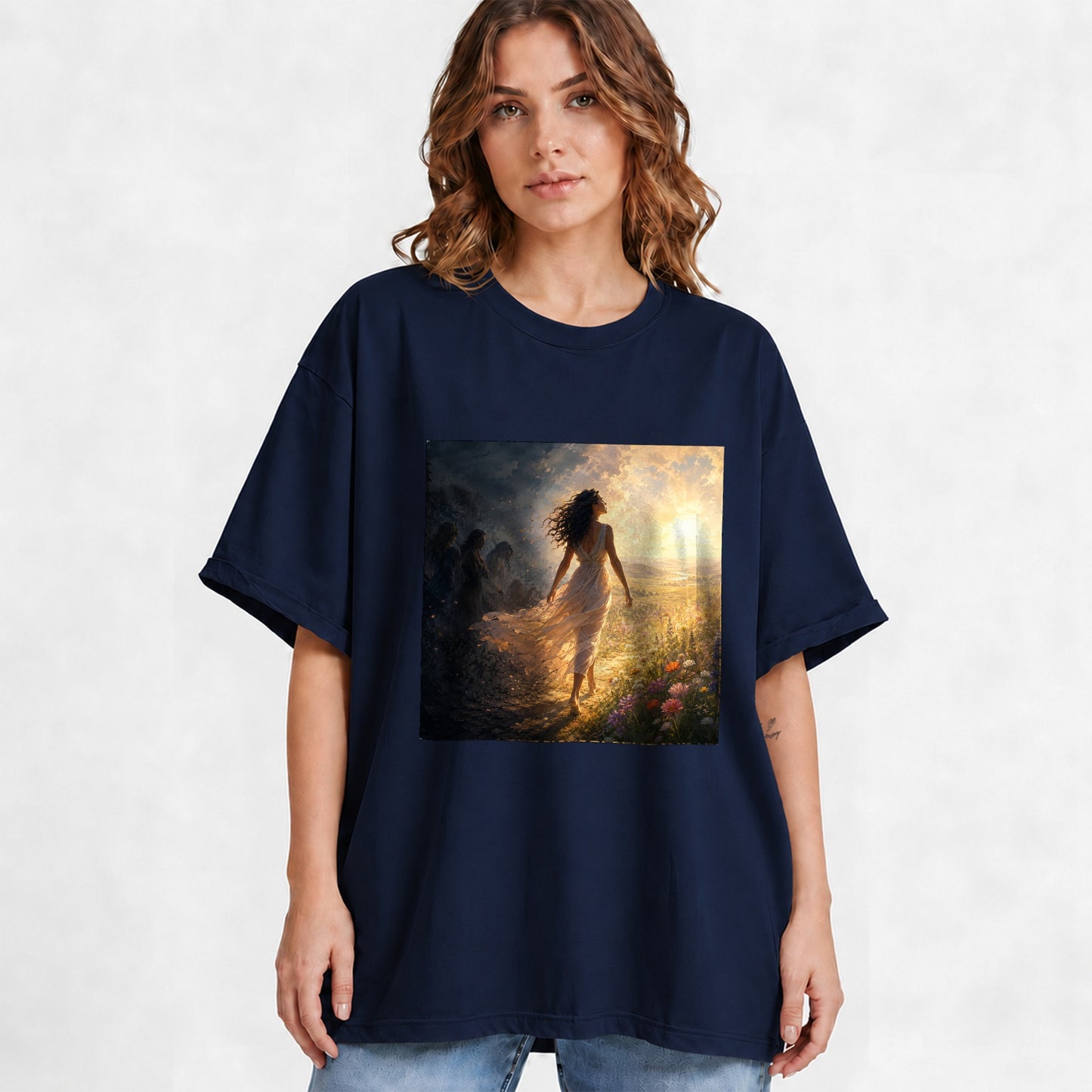 #pl[Navy] Into the Light Graphic T-Shirt, Hopeful Sunrise Journey Design