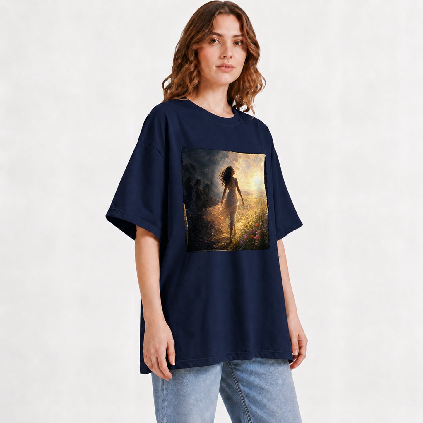 #pl[Navy] Into the Light Graphic T-Shirt, Hopeful Sunrise Journey Design