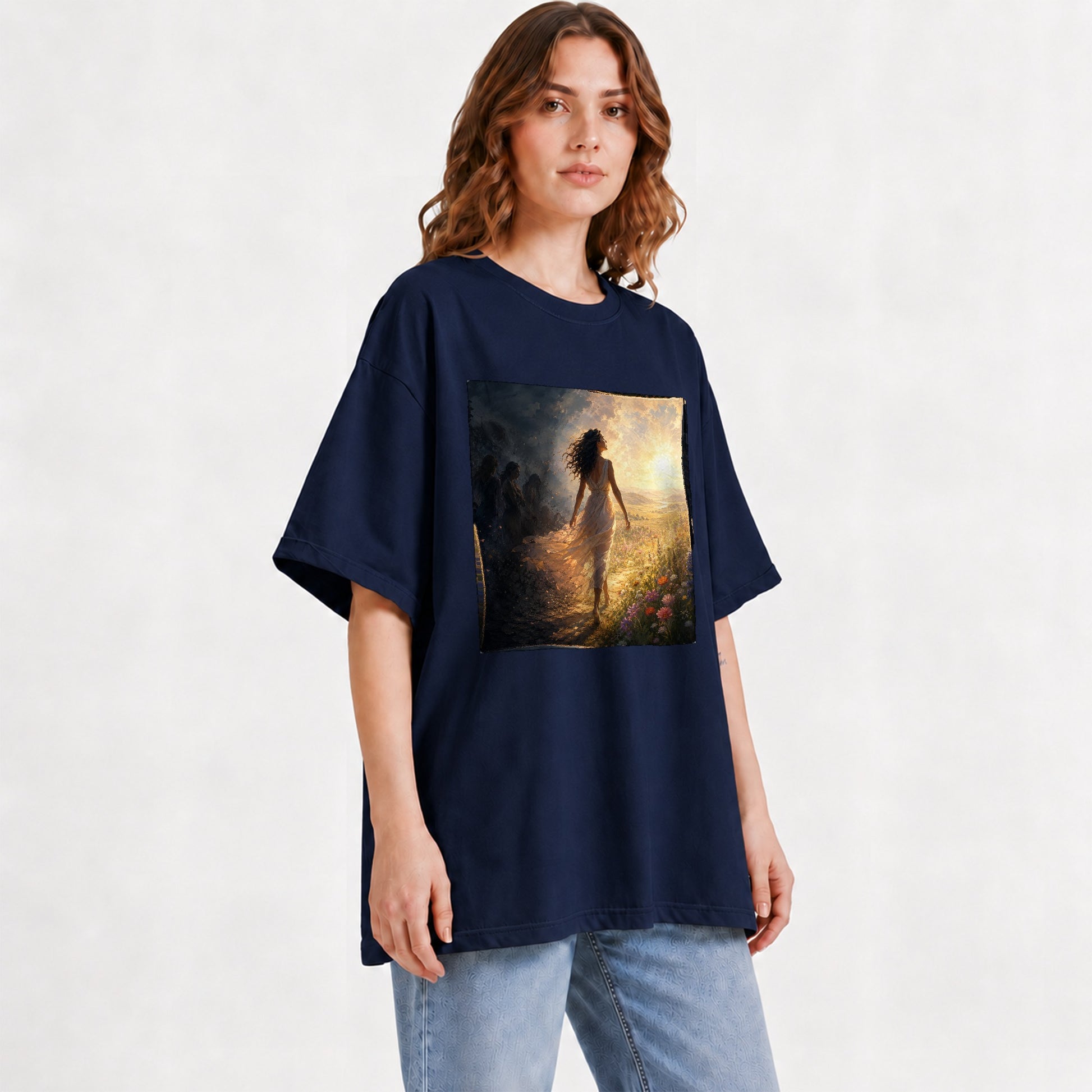 #pl[Navy] Into the Light Graphic T-Shirt, Hopeful Sunrise Journey Design