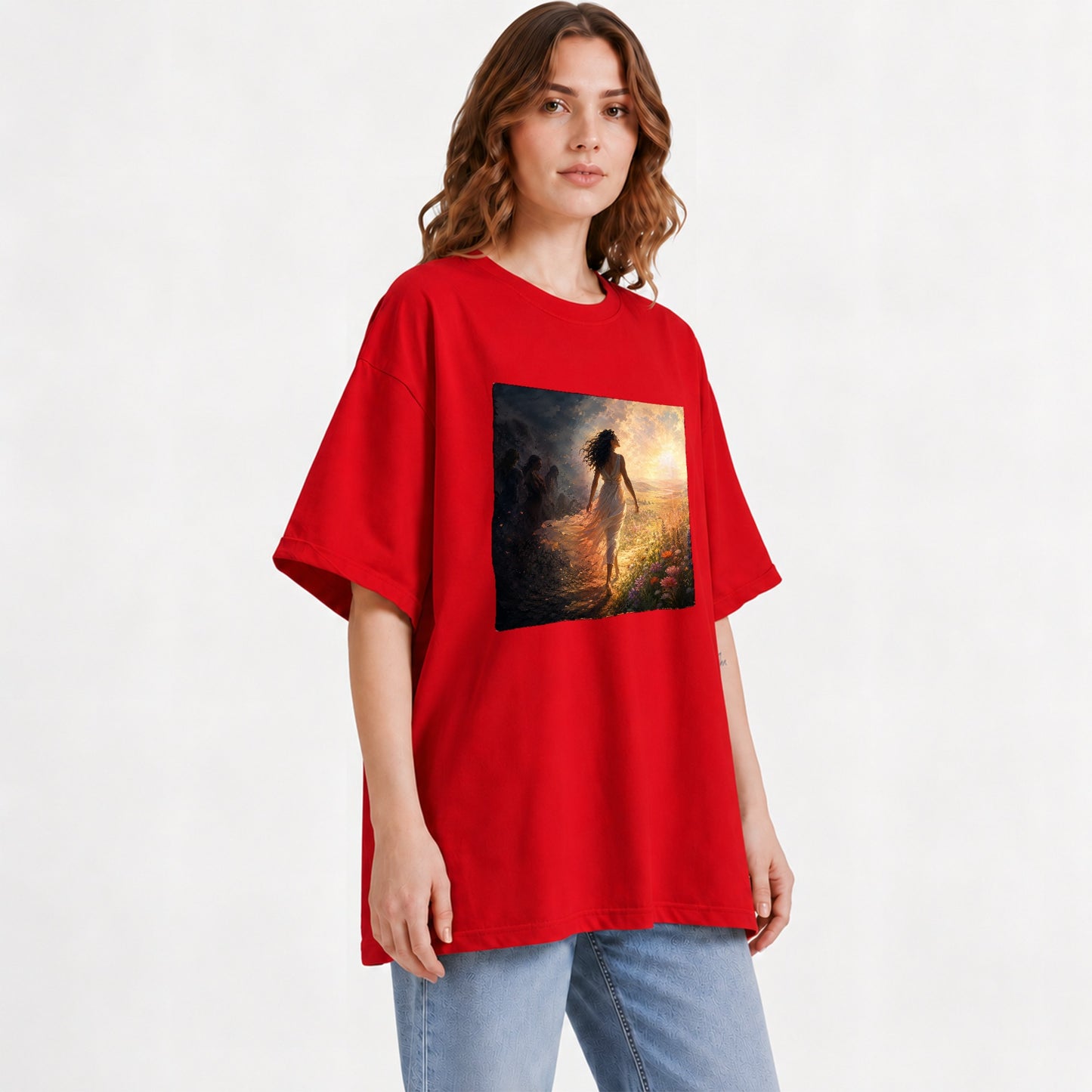 #pl[Red] Into the Light Graphic T-Shirt, Hopeful Sunrise Journey Design