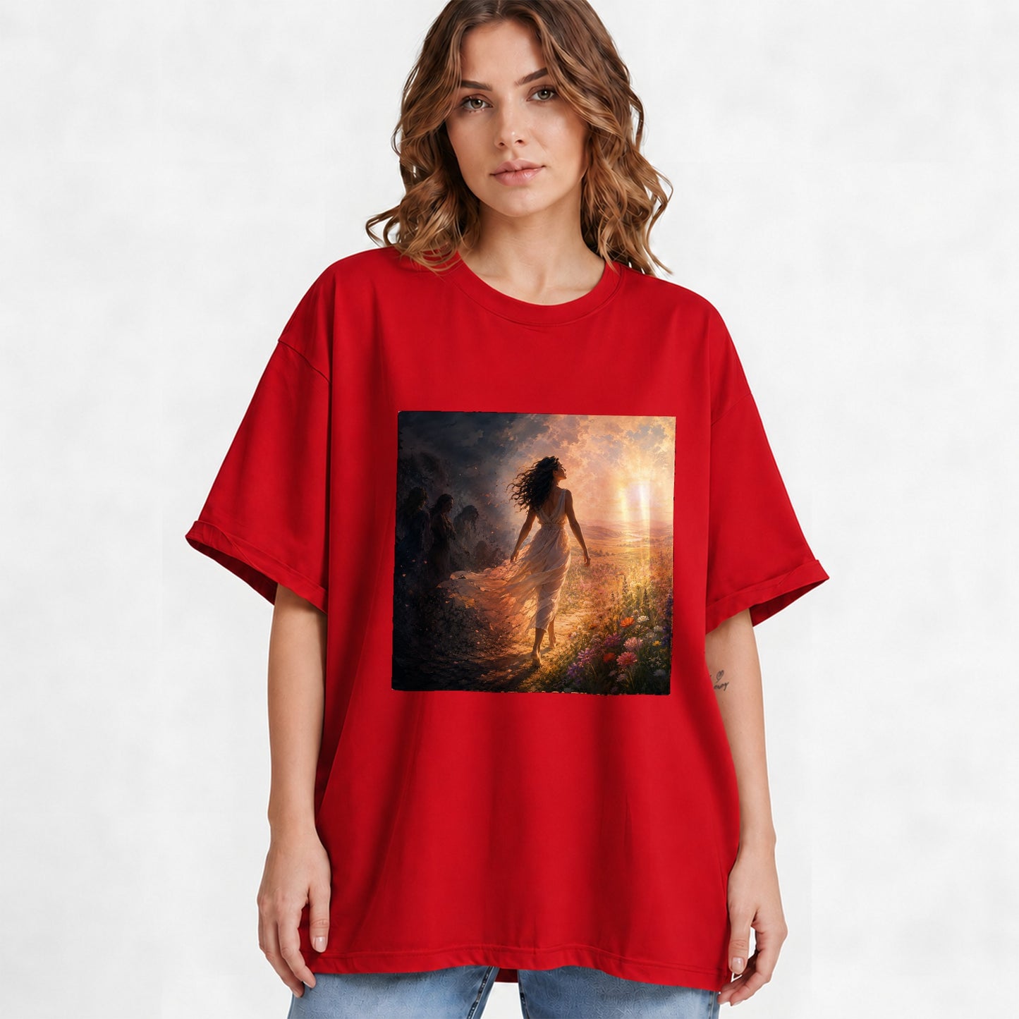 #pl[Red] Into the Light Graphic T-Shirt, Hopeful Sunrise Journey Design