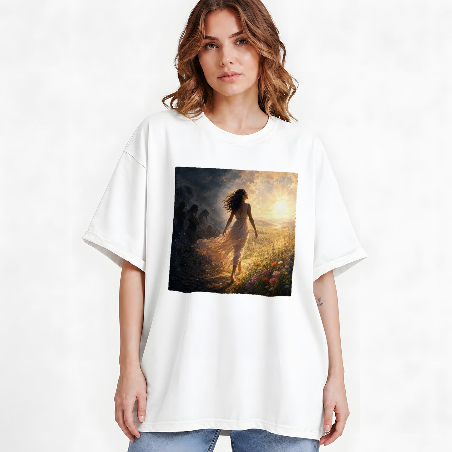 #pl[White] Into the Light Graphic T-Shirt, Hopeful Sunrise Journey Design