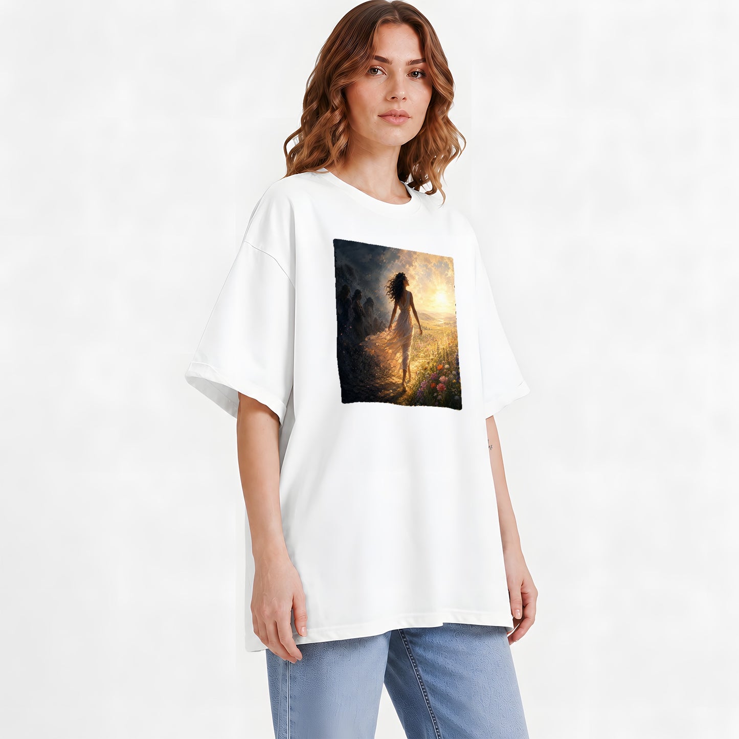 #pl[White] Into the Light Graphic T-Shirt, Hopeful Sunrise Journey Design
